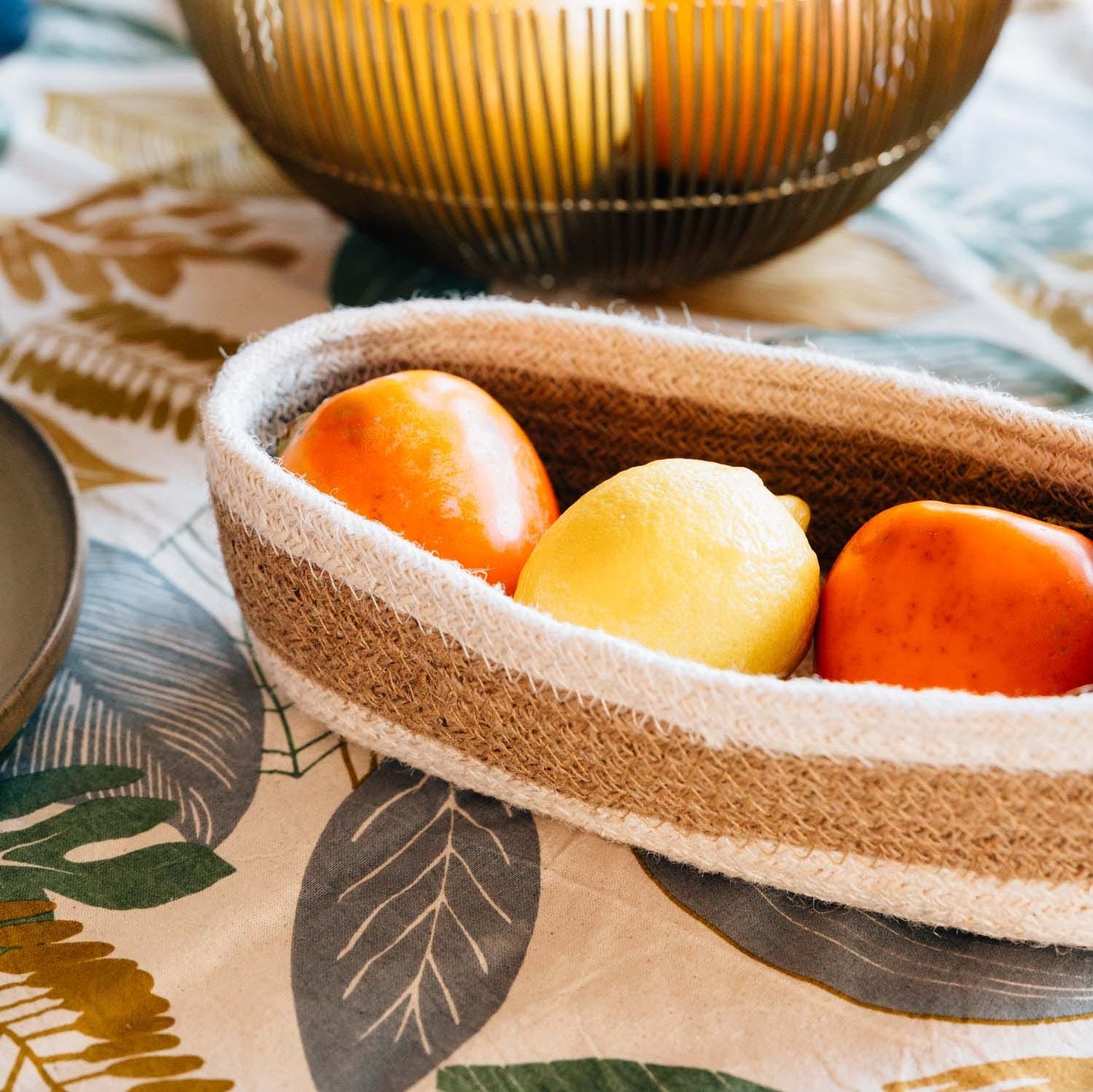 Close-up of woven jute bread basket showing artisan craftsmanship