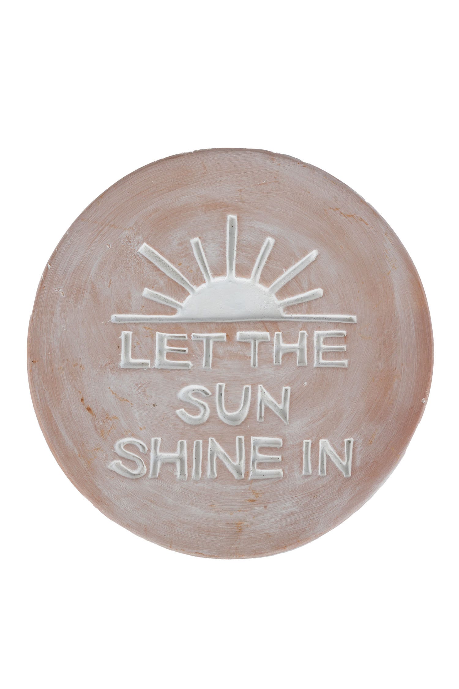 Close-up of handcrafted garden plaque with cheerful sun message in terracotta finish