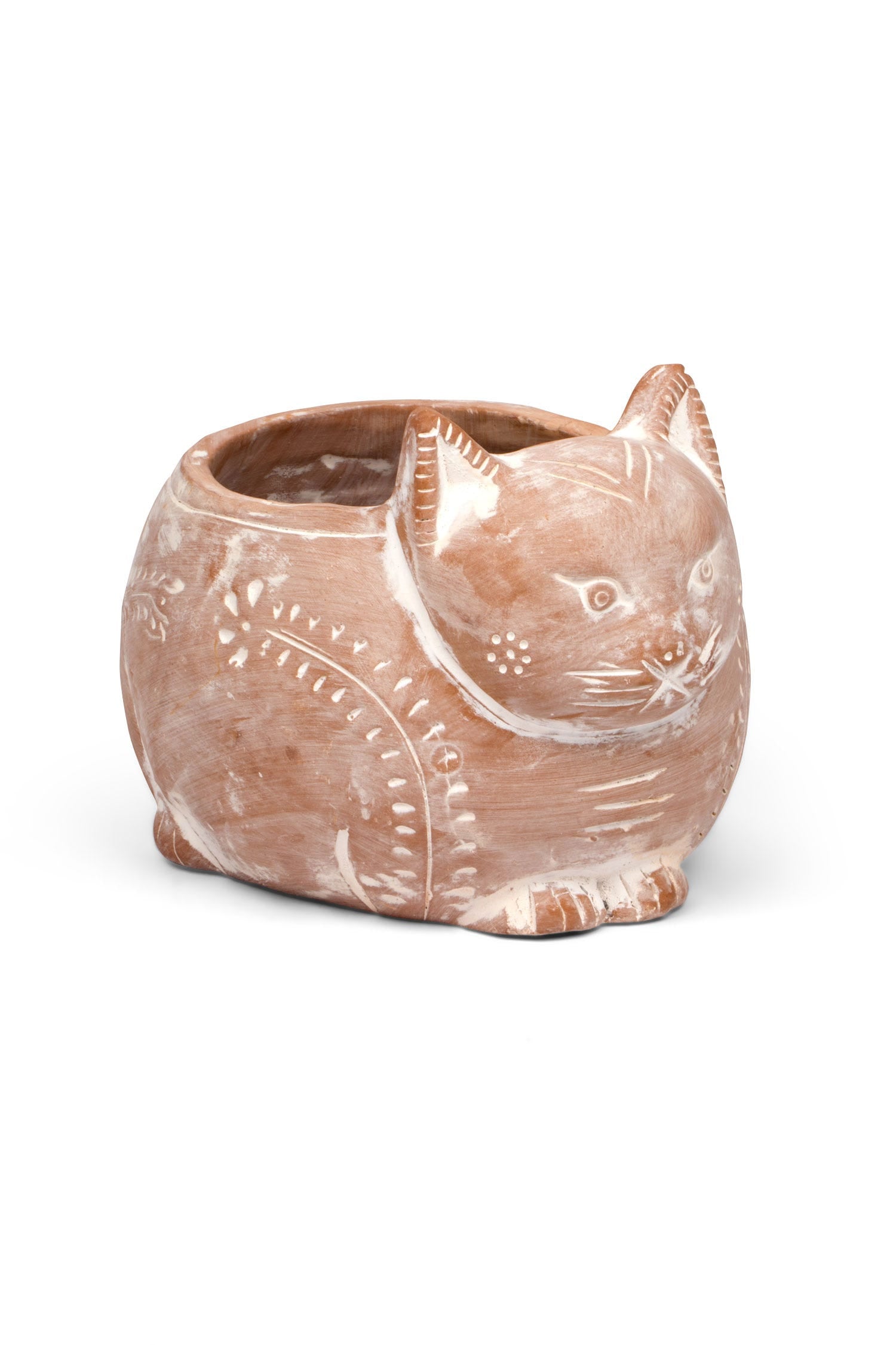 Close-up of the hand-painted crouching cat ceramic planter with detailed features