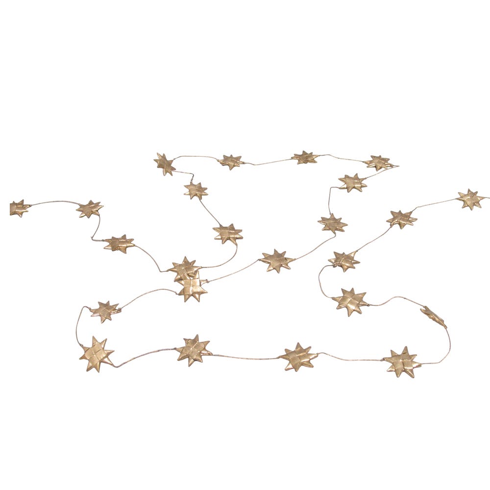 Elegant gold star garland showcasing handmade palm leaf stars, perfect for festive decorations
