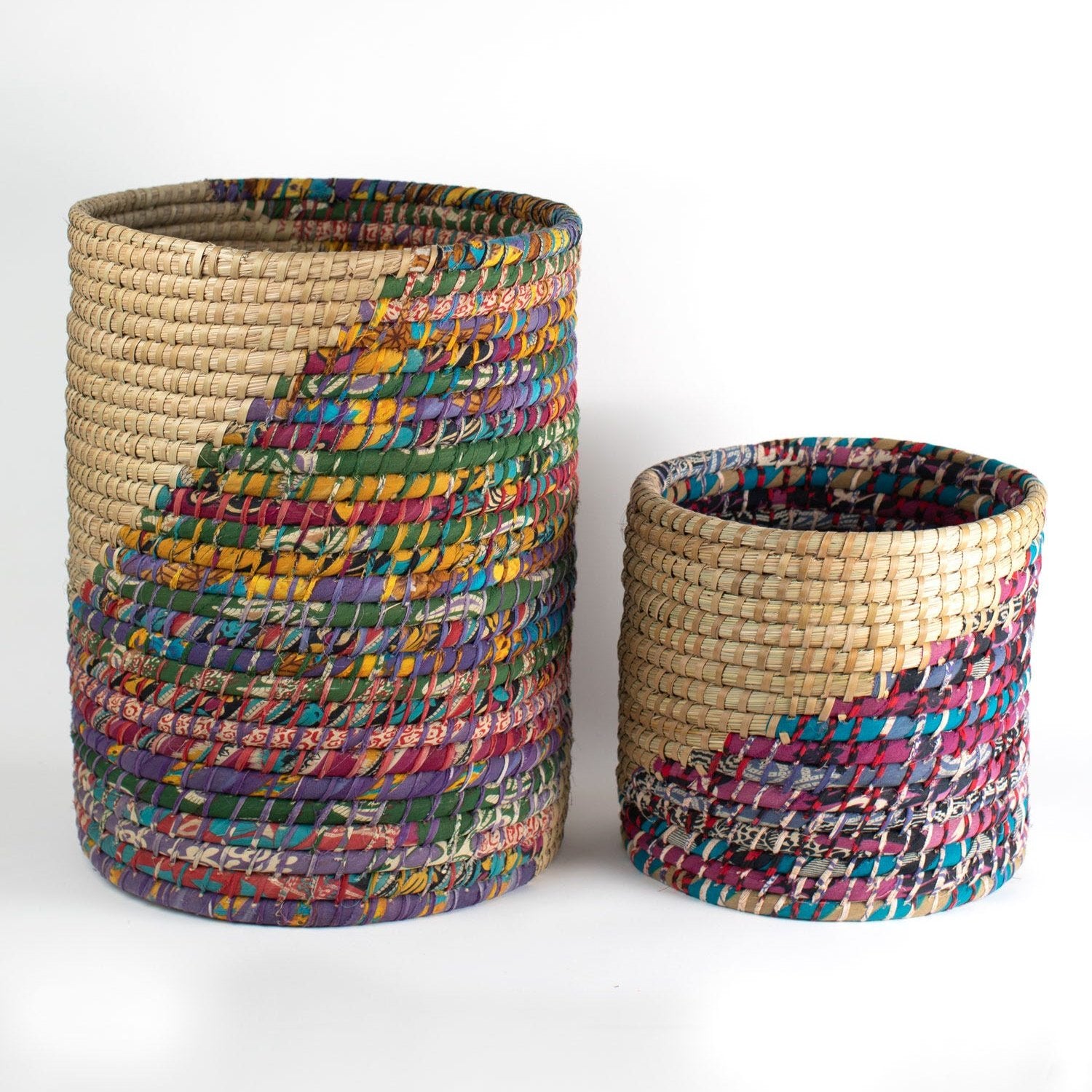 Vibrant handwoven sari fabric basket showcasing colorful patterns from various angles.