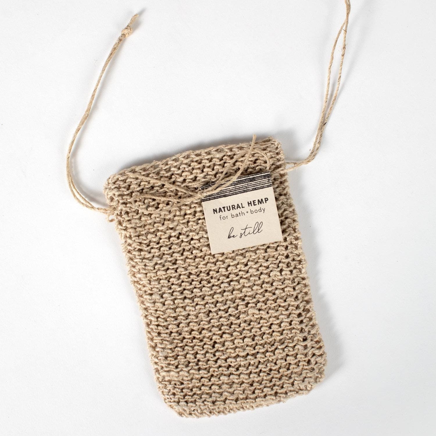 Eco-friendly hemp soap pouch showcasing its texture and use for gentle exfoliation.