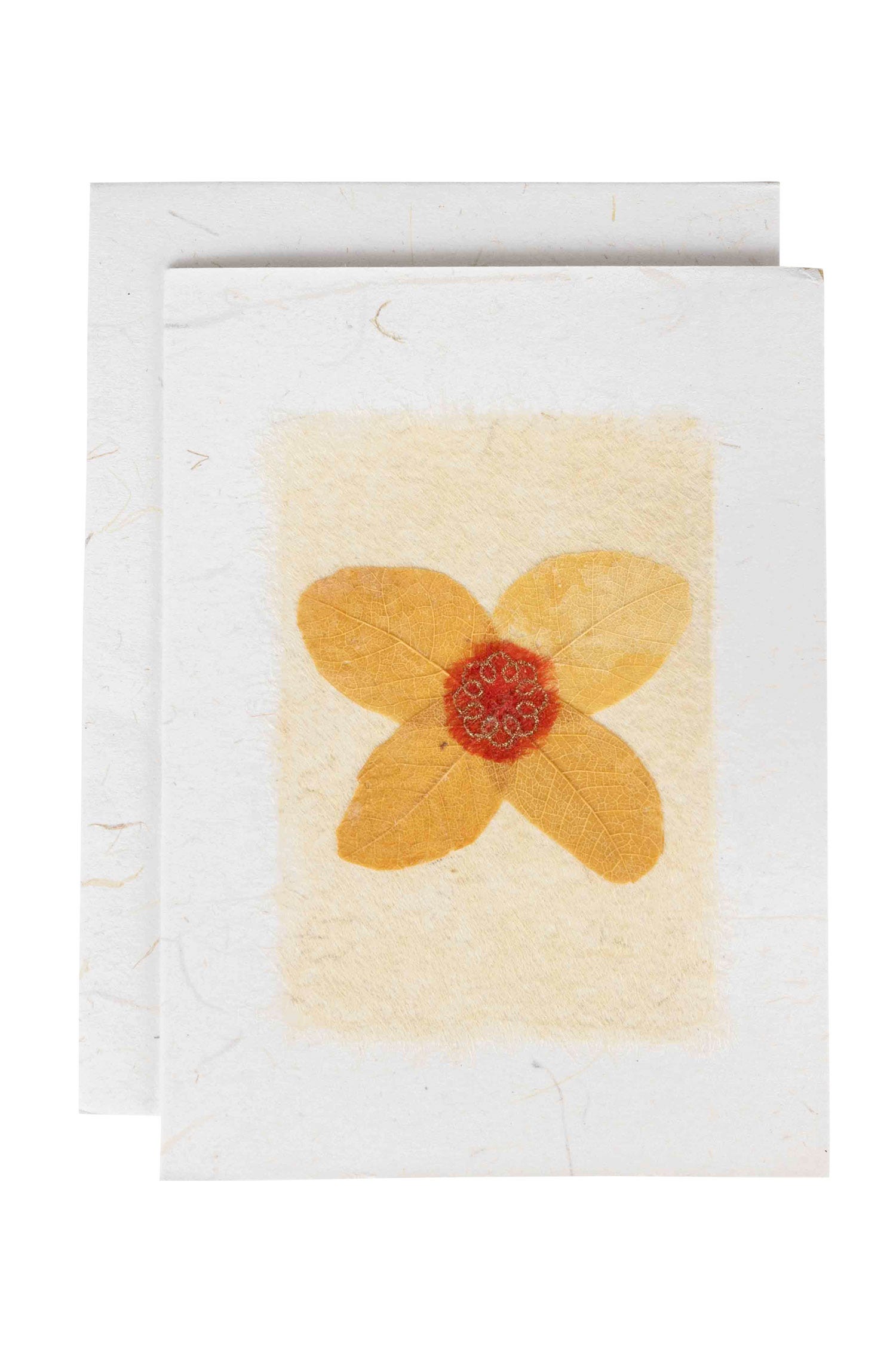 Front angle view of the pressed flower card showcasing golden raintree leaves.