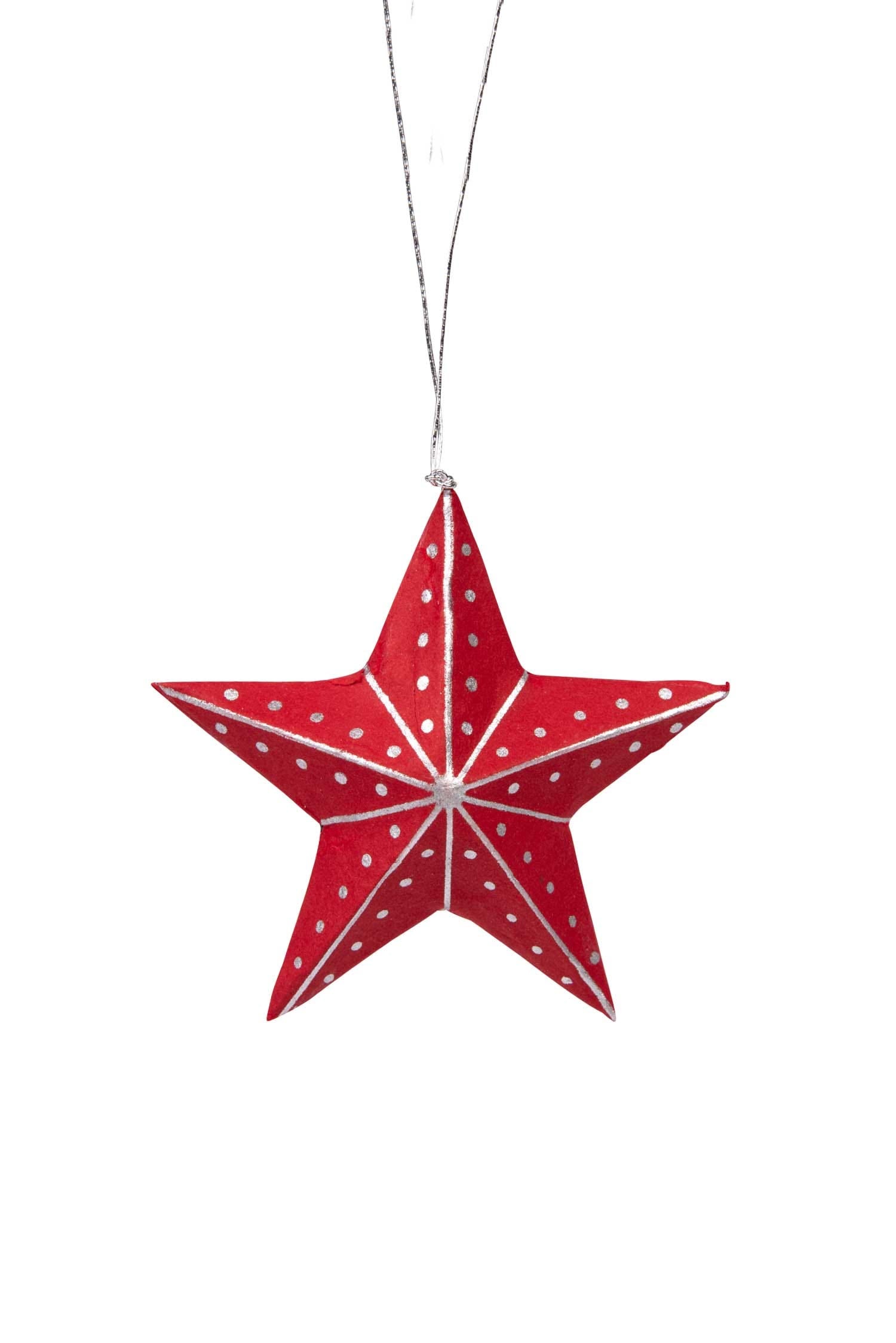 Close-up of the Artisan Silver and Red Star Ornament showcasing its intricate design and vibrant colors.
