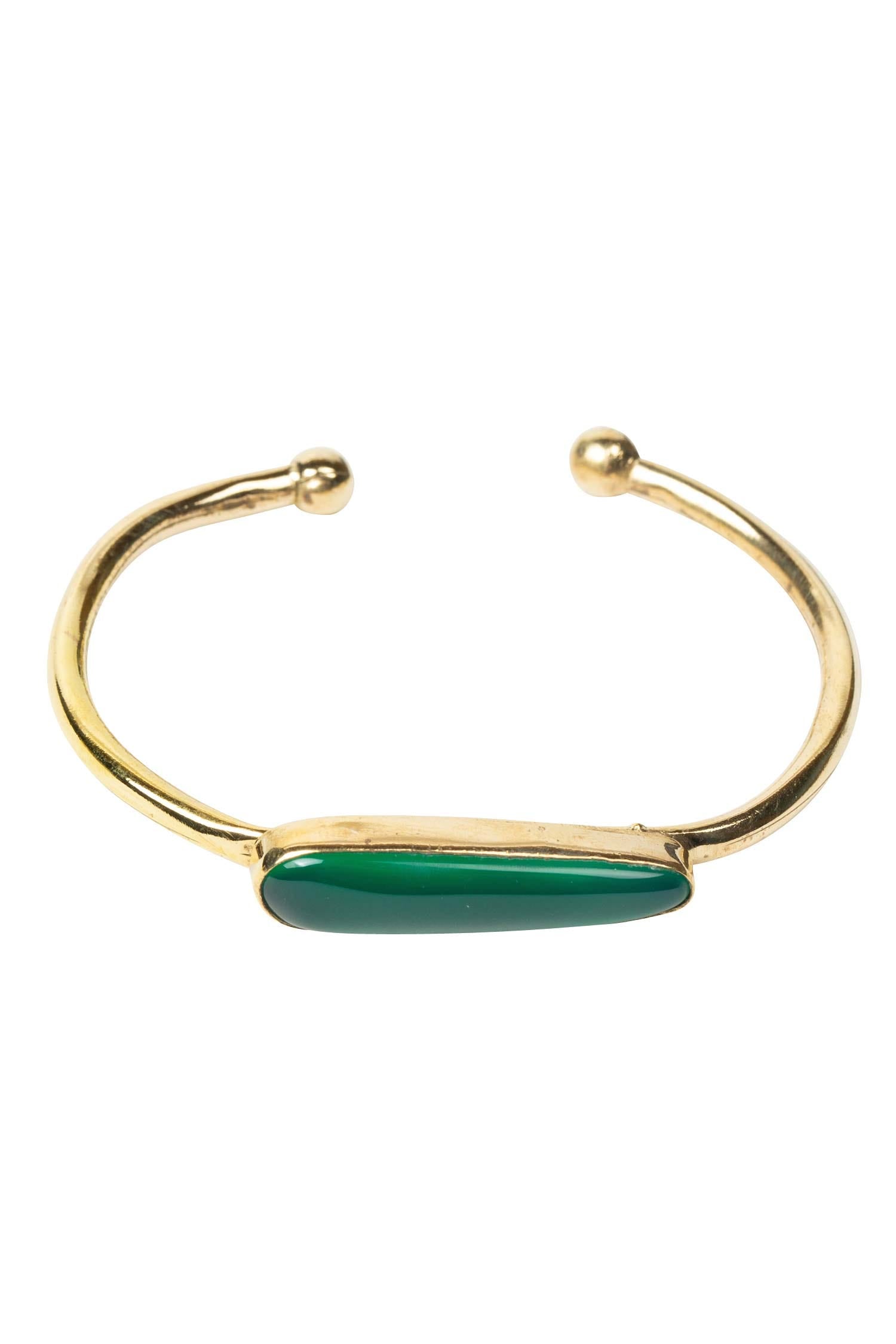 Close-up view of the artisan green onyx bracelet highlighting its unique design and craftsmanship.