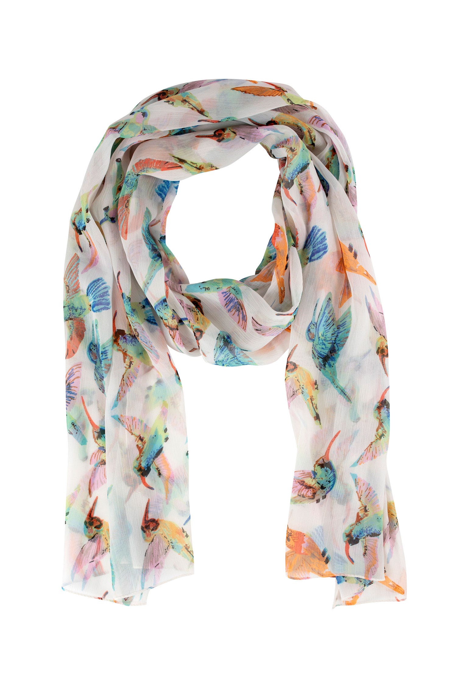 Close-up of bright hummingbird design on silk scarf showing detailed craftsmanship