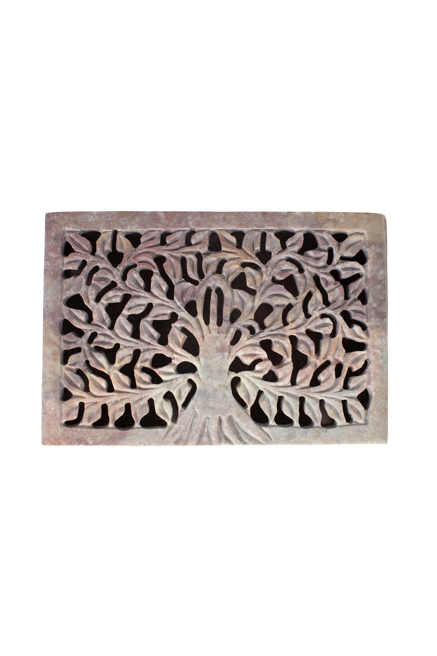 Close-up of detailed hand-carved gorara stone tree box showing artisan craftsmanship
