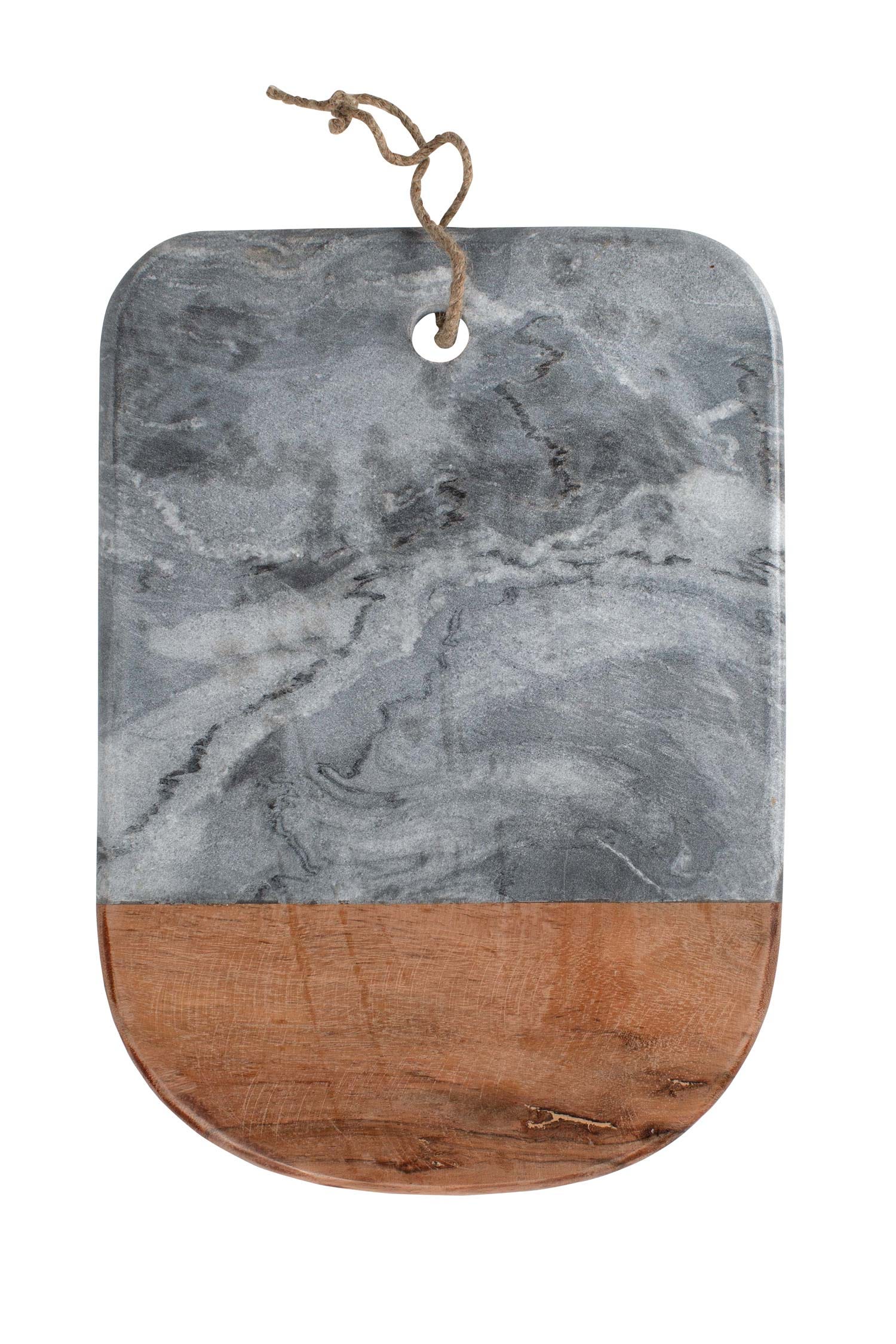 A close-up view of the Asha handcrafted marble and wood serving board, showcasing its unique patterns and textures.