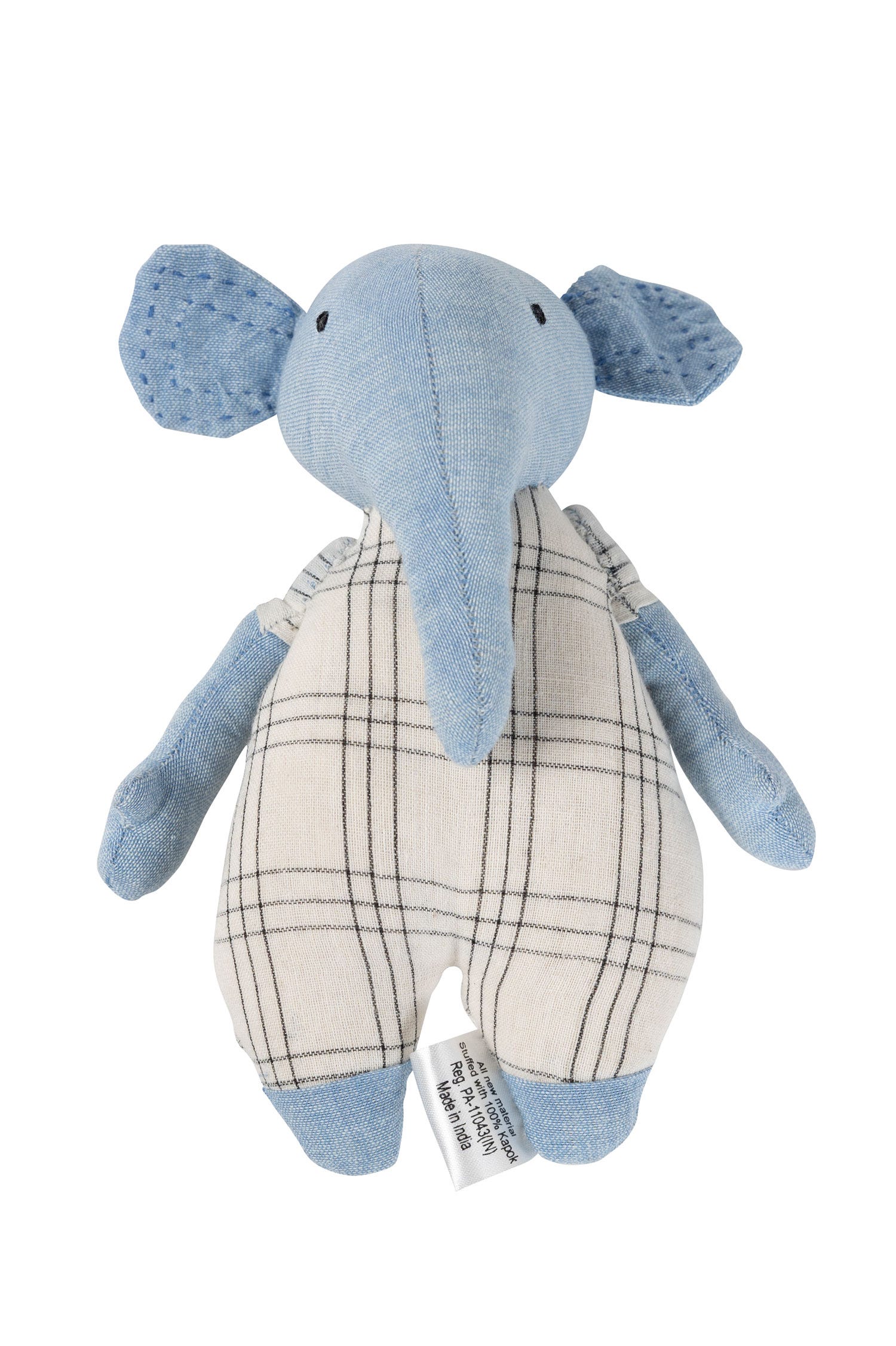 Eco-friendly customizable plush elephant in tan and black plaid jumper, showcasing its adorable stitching.