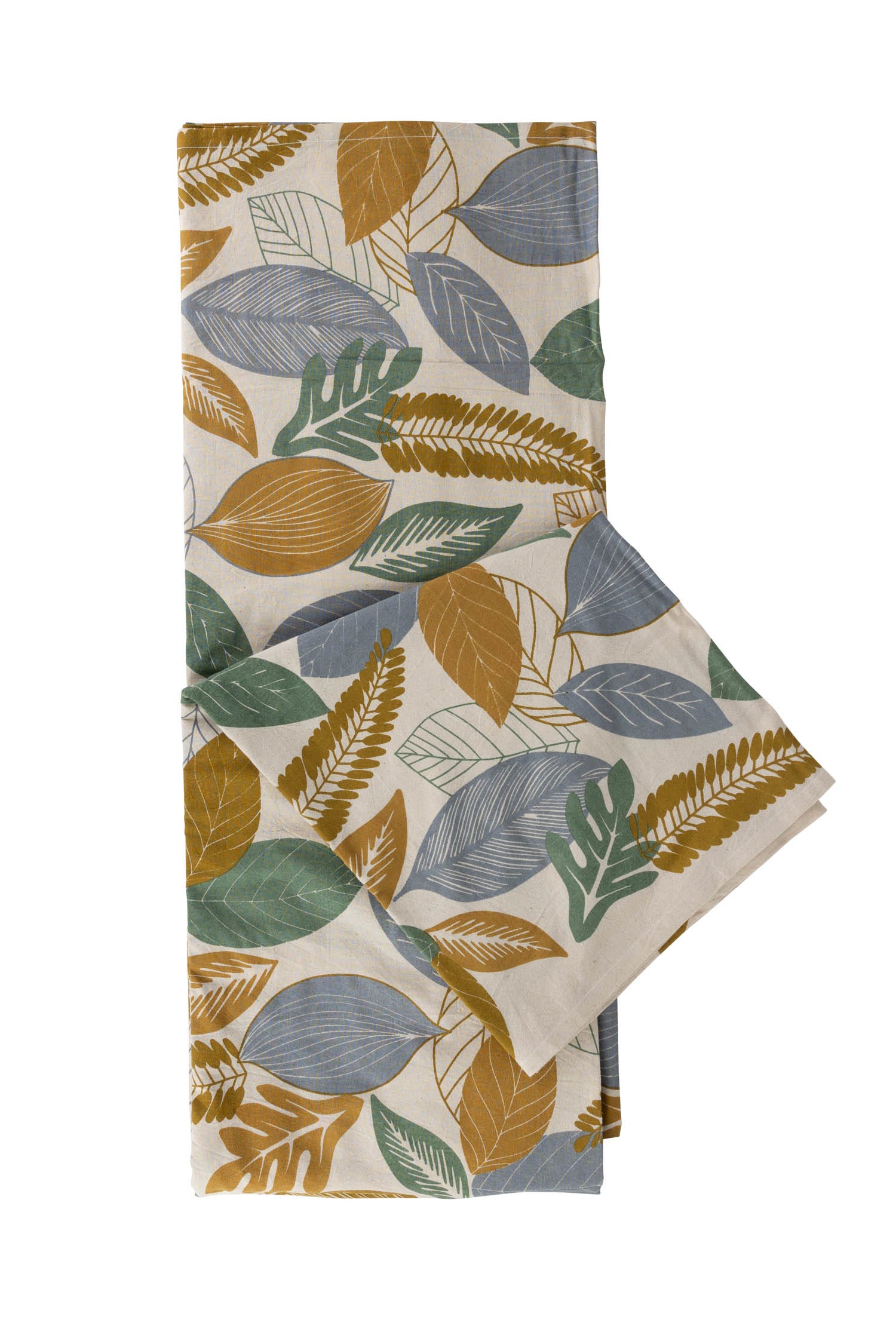 Blue autumn tablecloth showcasing leaf design on a dining table setting.