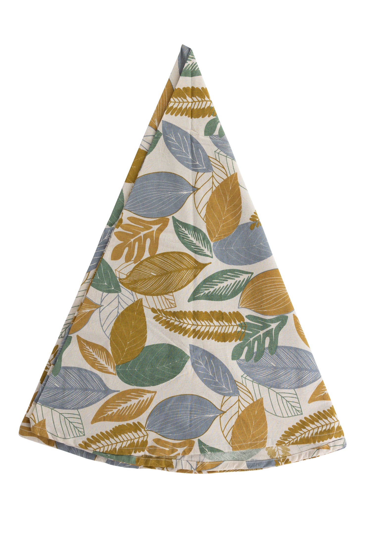 Close-up of colorful handcrafted round tablecloth featuring autumn-inspired design