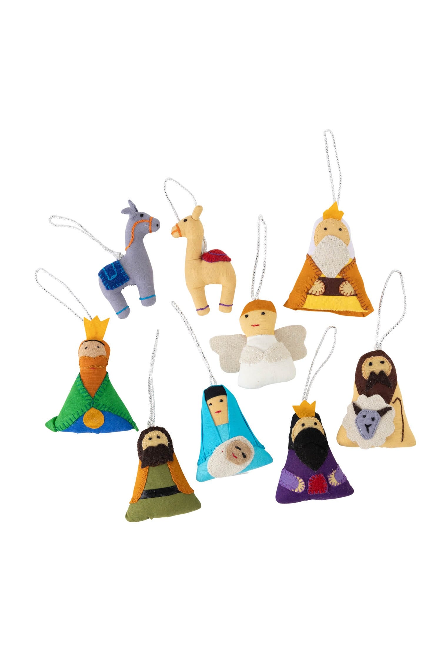 Handmade nativity ornament set with Mary, Joseph, and baby Jesus for holiday tree decoration.