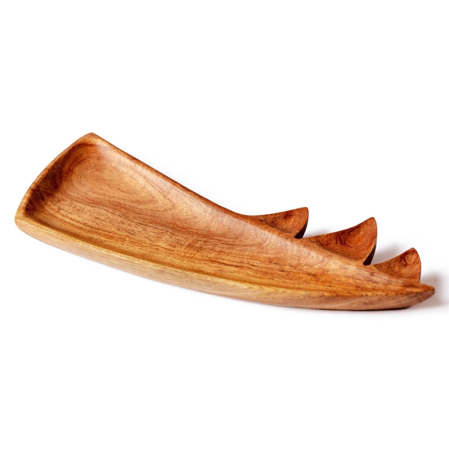 Close-up of the Stegosaurus neem wood plate showcasing its unique design and craftsmanship.