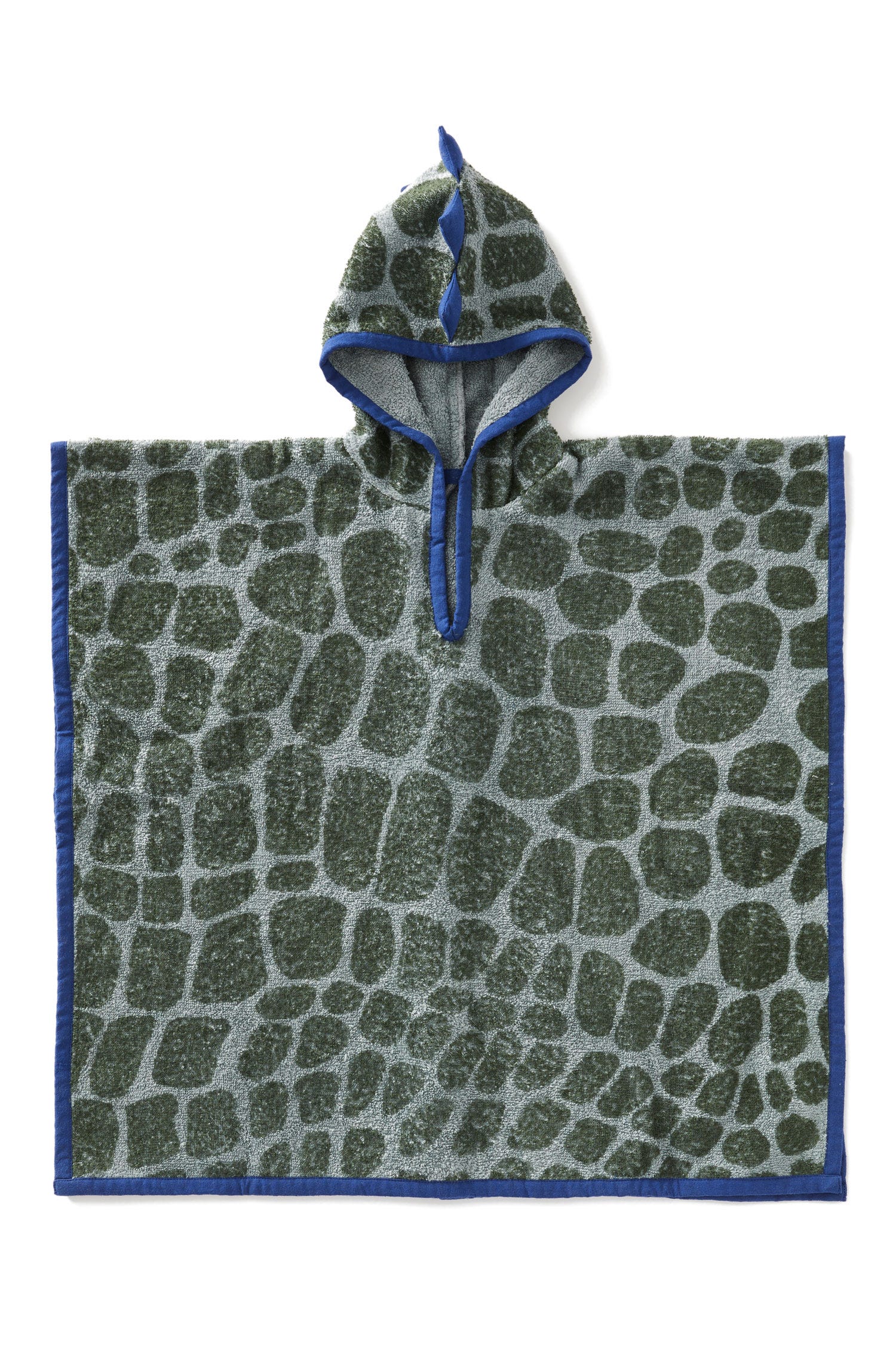 Dino Adventure Hooded Towel displayed on a beach, showcasing its vibrant colors and playful spikes.