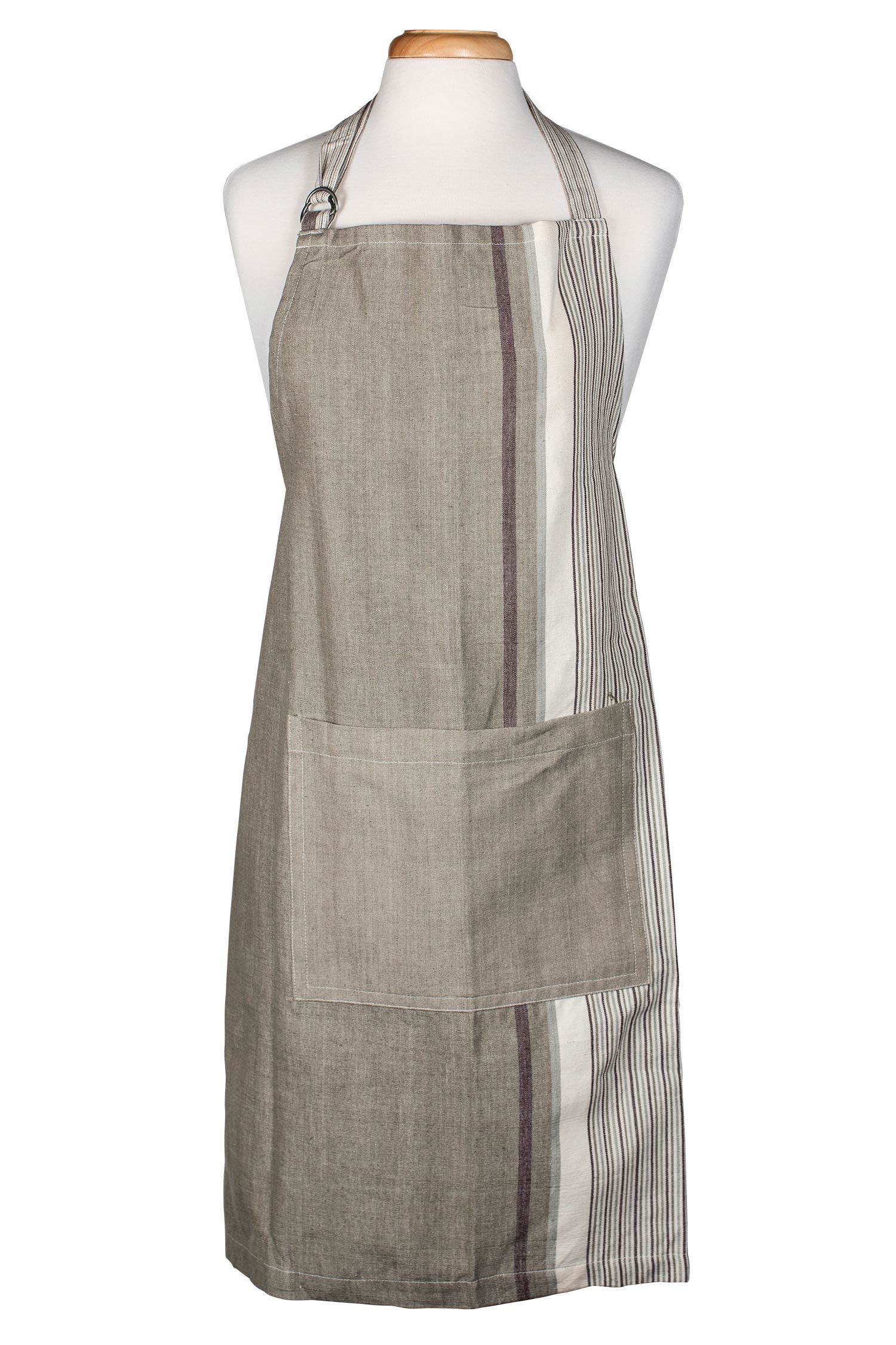 Front view of the striped apron showing large pocket and adjustable neck ties