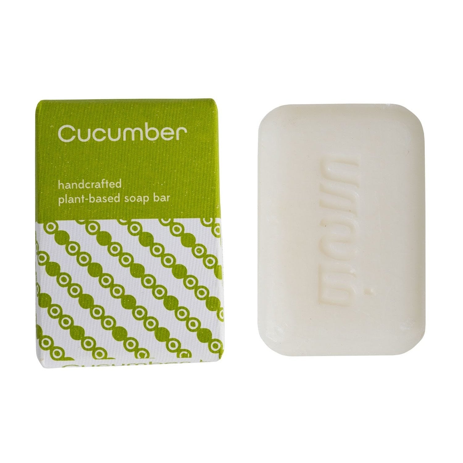 Close-up of natural cucumber soap bar with ingredients highlighting hydration