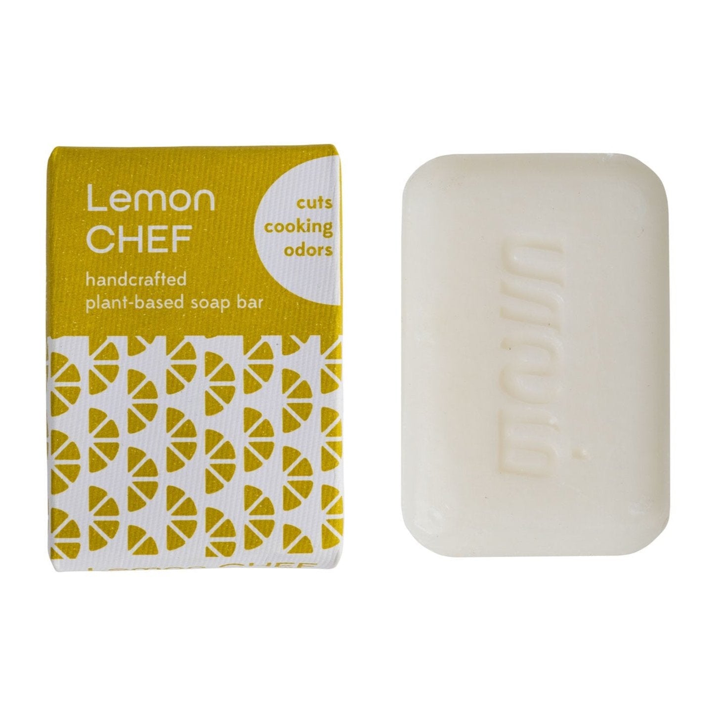 Close-up of Lemon Chef's Soap bar with fresh lemon slices, highlighting citrus scent and natural ingredients