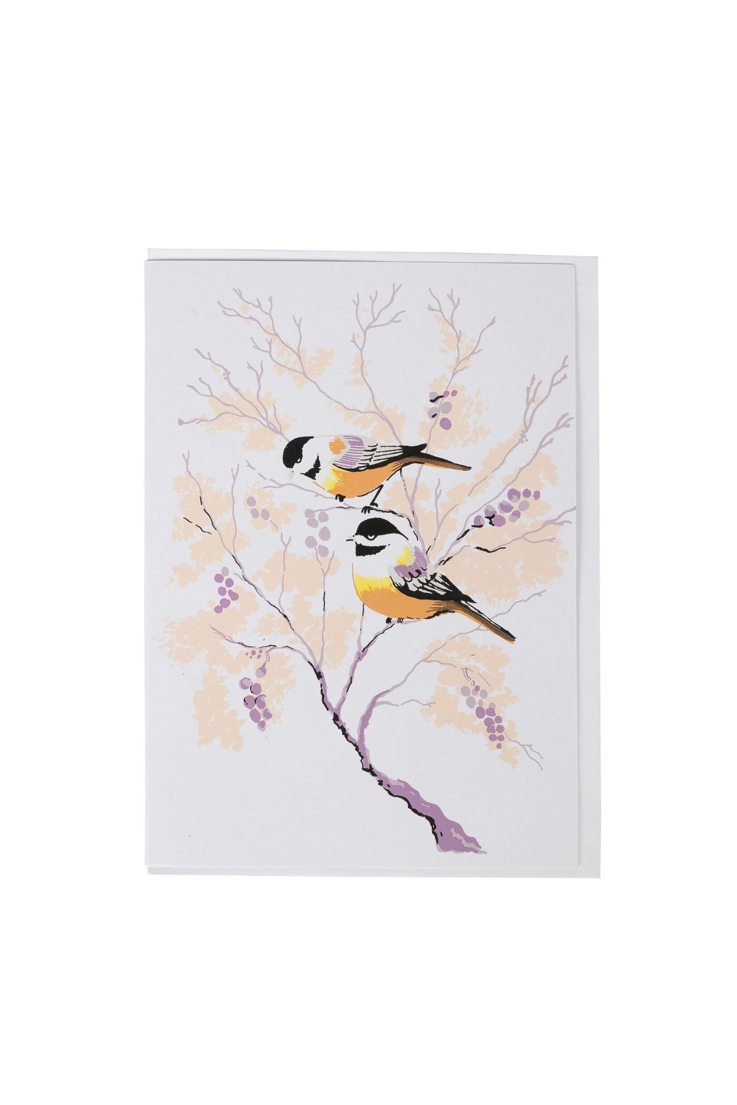 Charming handpainted black-capped chickadee greeting card showcasing intricate details and vibrant colors.