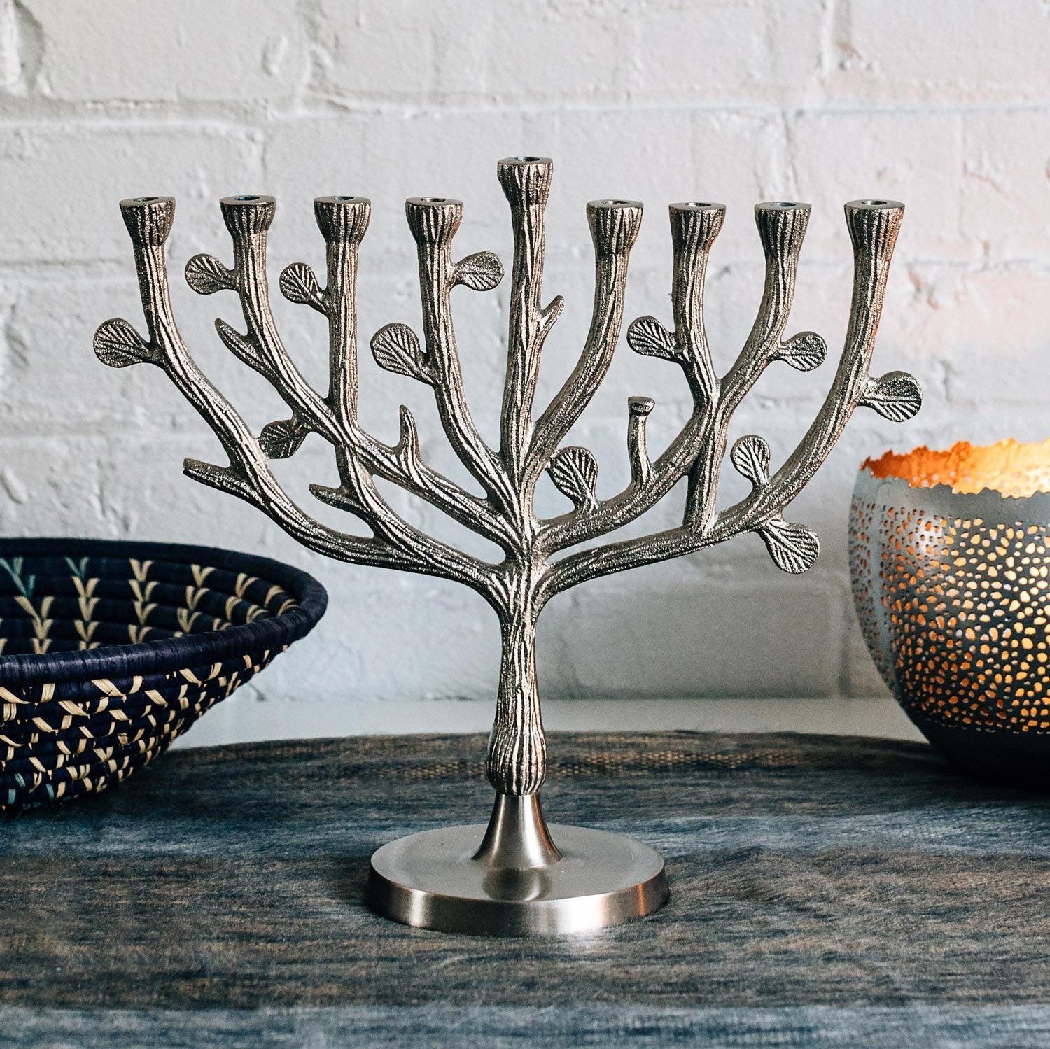 Close-up of the detailed silver Tree of Life Menorah design, perfect for Hanukkah celebrations