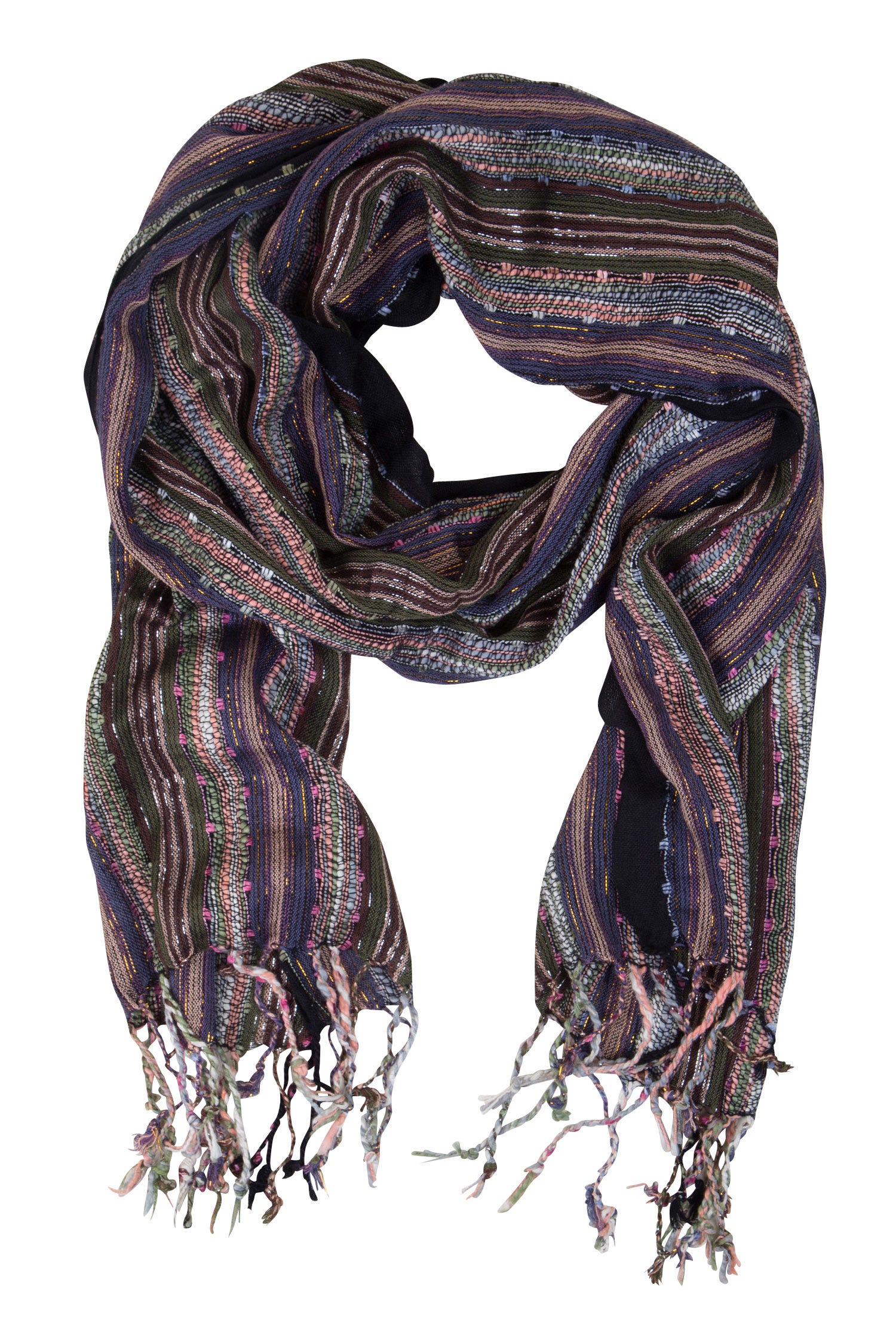 Starry Night Artisan Scarf showcasing muted hues and silver accents, ideal for winter outfits.