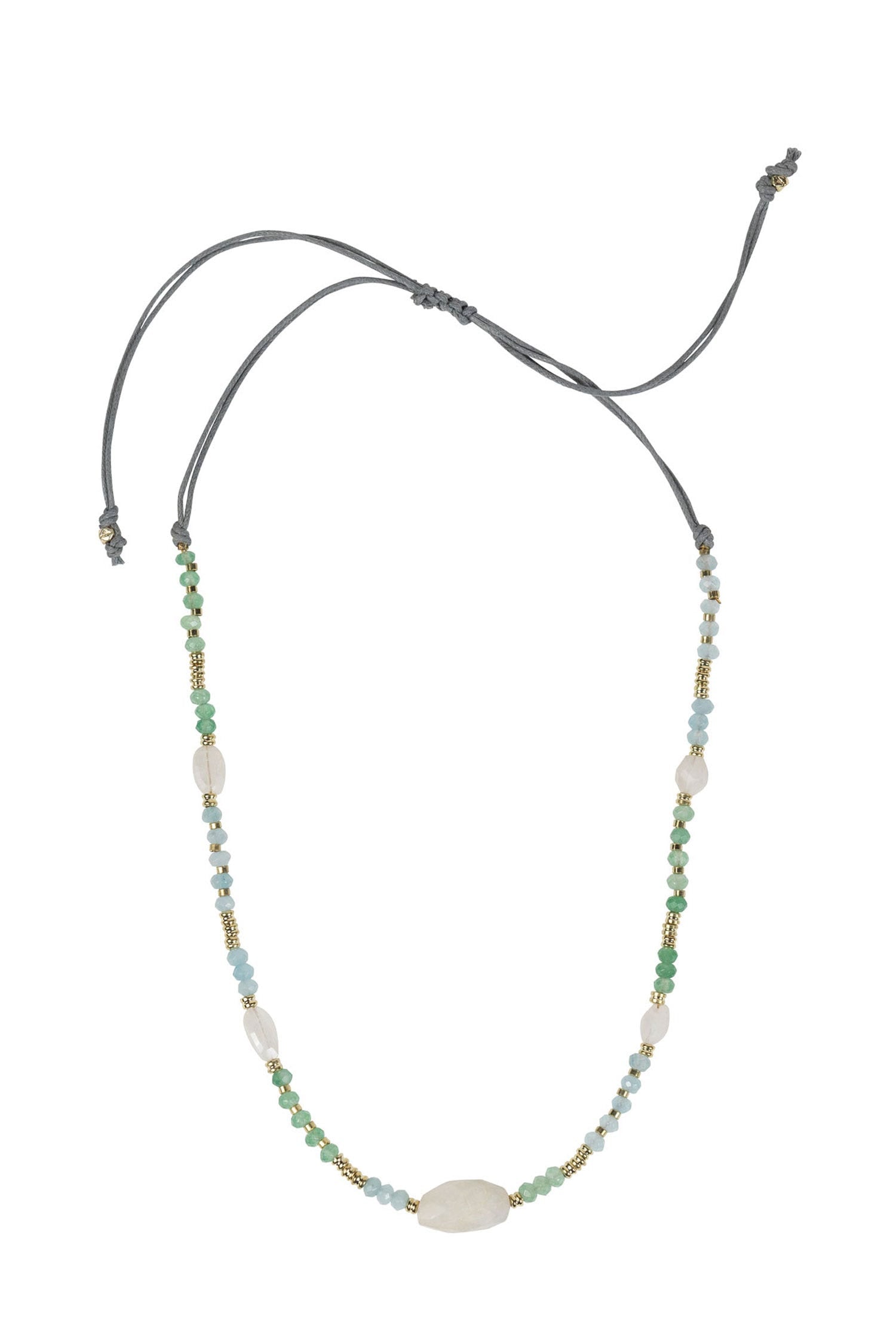 Close-up of moonstone and onyx pendant necklace showing its luminous stones and adjustable slip knot