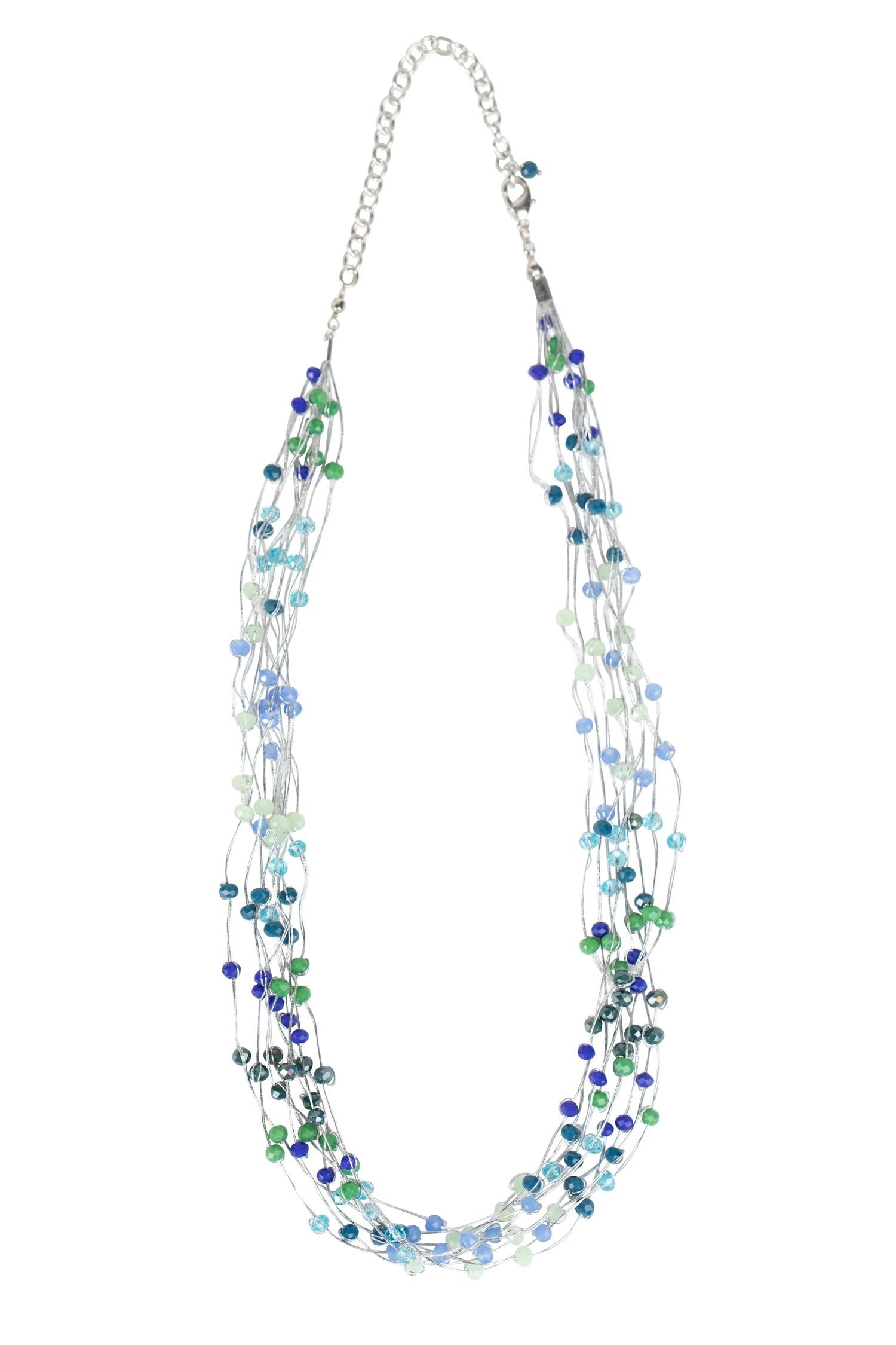 Close-up of the Serene Shades Beaded Necklace with cool tones, highlighting its intricate design.