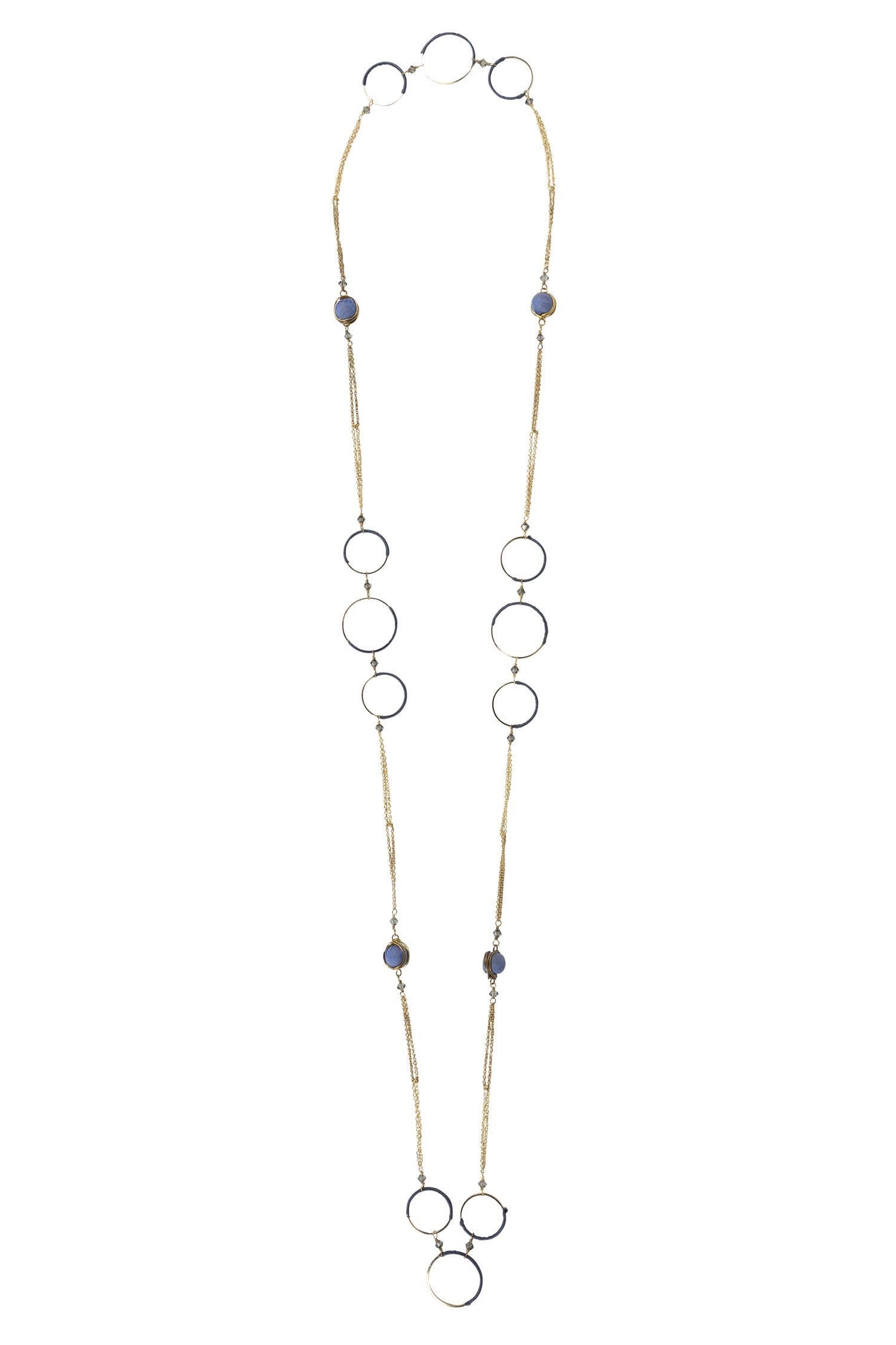 Elegant blue silk thread circle necklace showcased against a neutral background, highlighting the intricate beadwork.