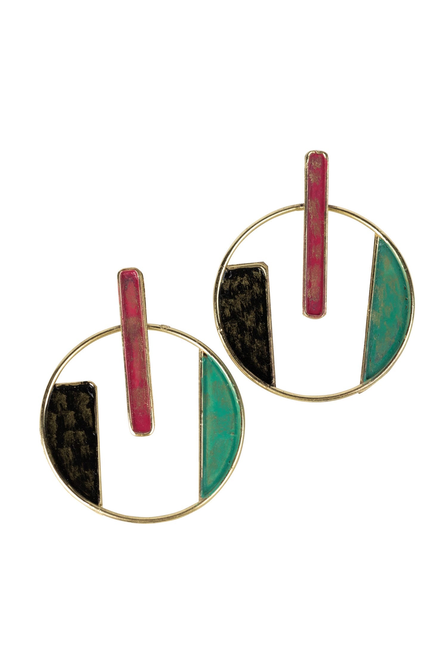 Brushed brass hoop earrings with vibrant colored enamel, showcasing their unique design.