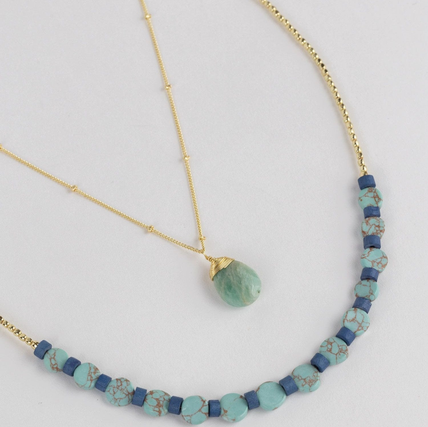 Close-up of layered turquoise necklace with amazonite stones, showing handcrafted detail