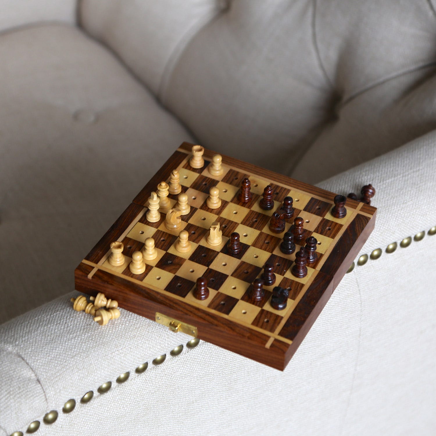 Foldable sheesham chess set with storage, open view.