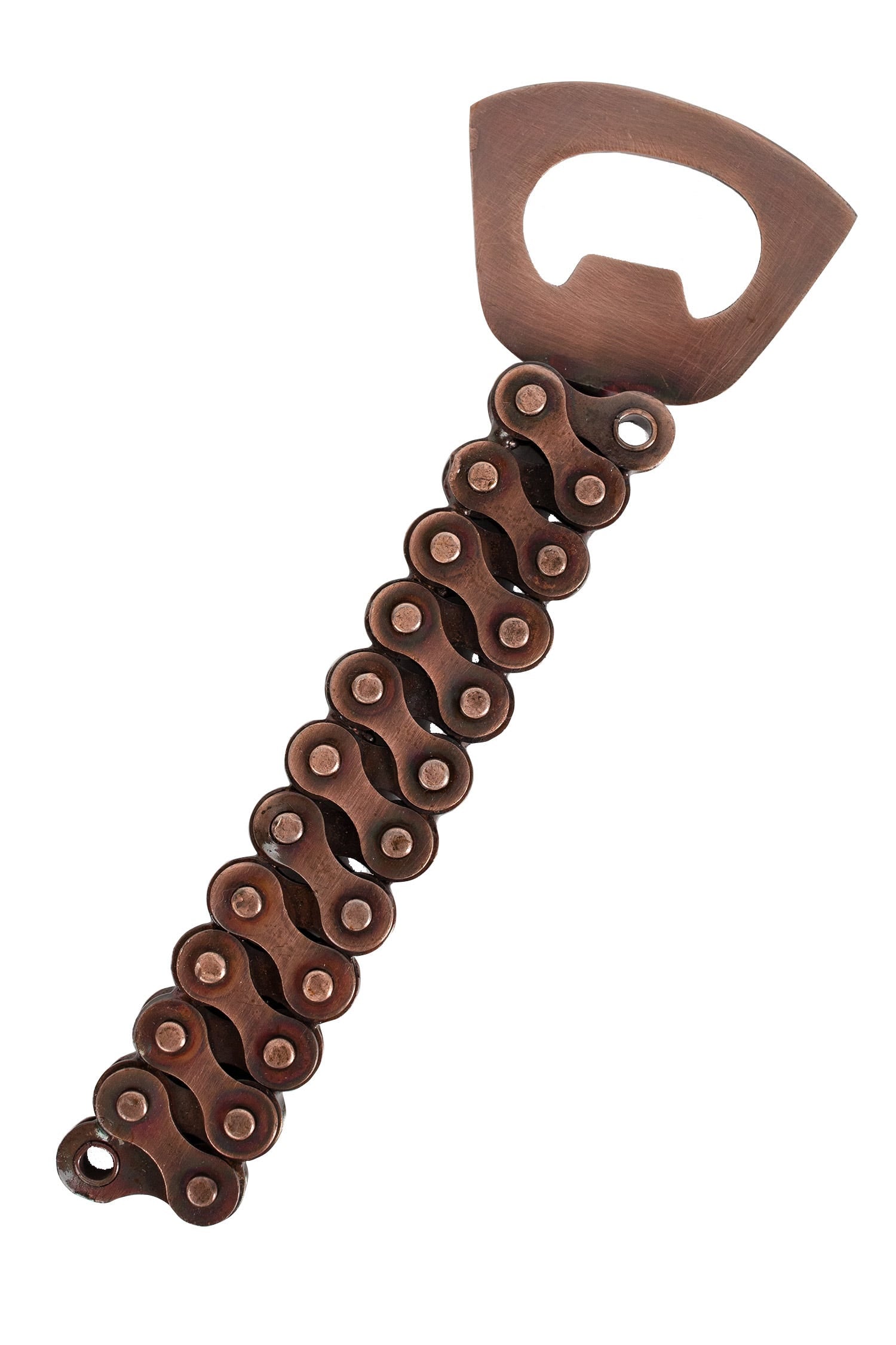 Close-up of the handmade bike chain bottle opener showing recycled materials