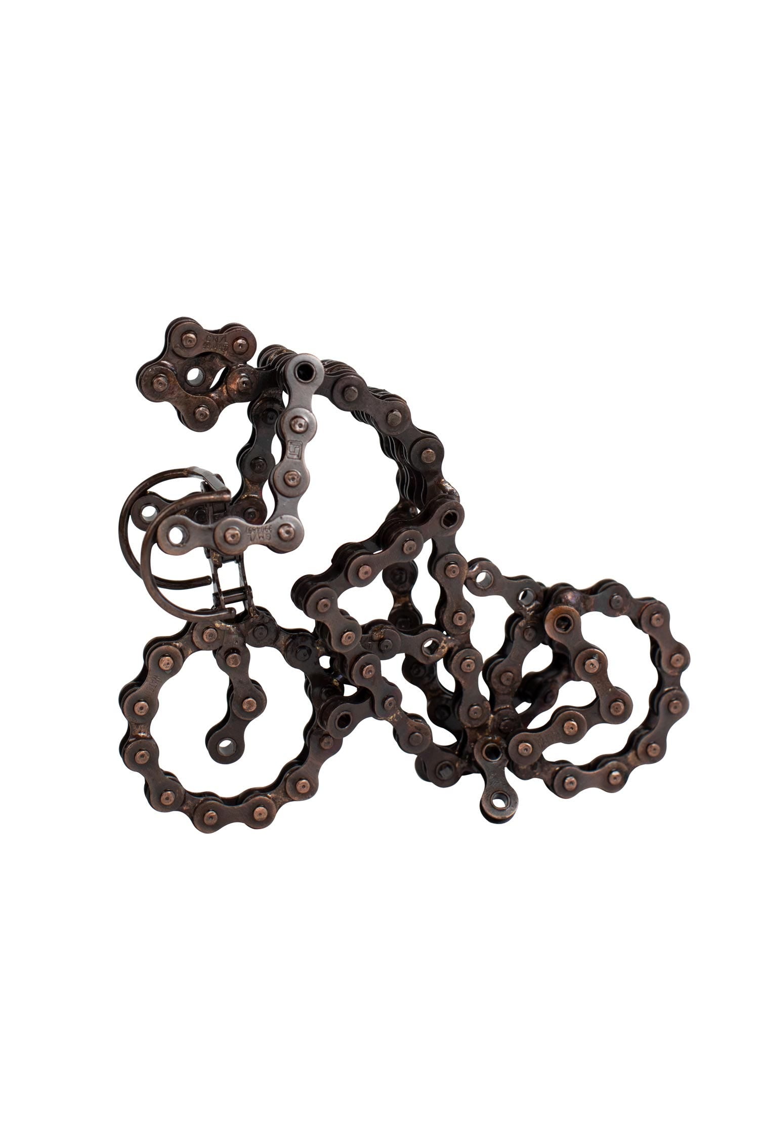Close-up of a recycled bicycle chain sculpture highlighting craftsmanship and eco-friendly materials