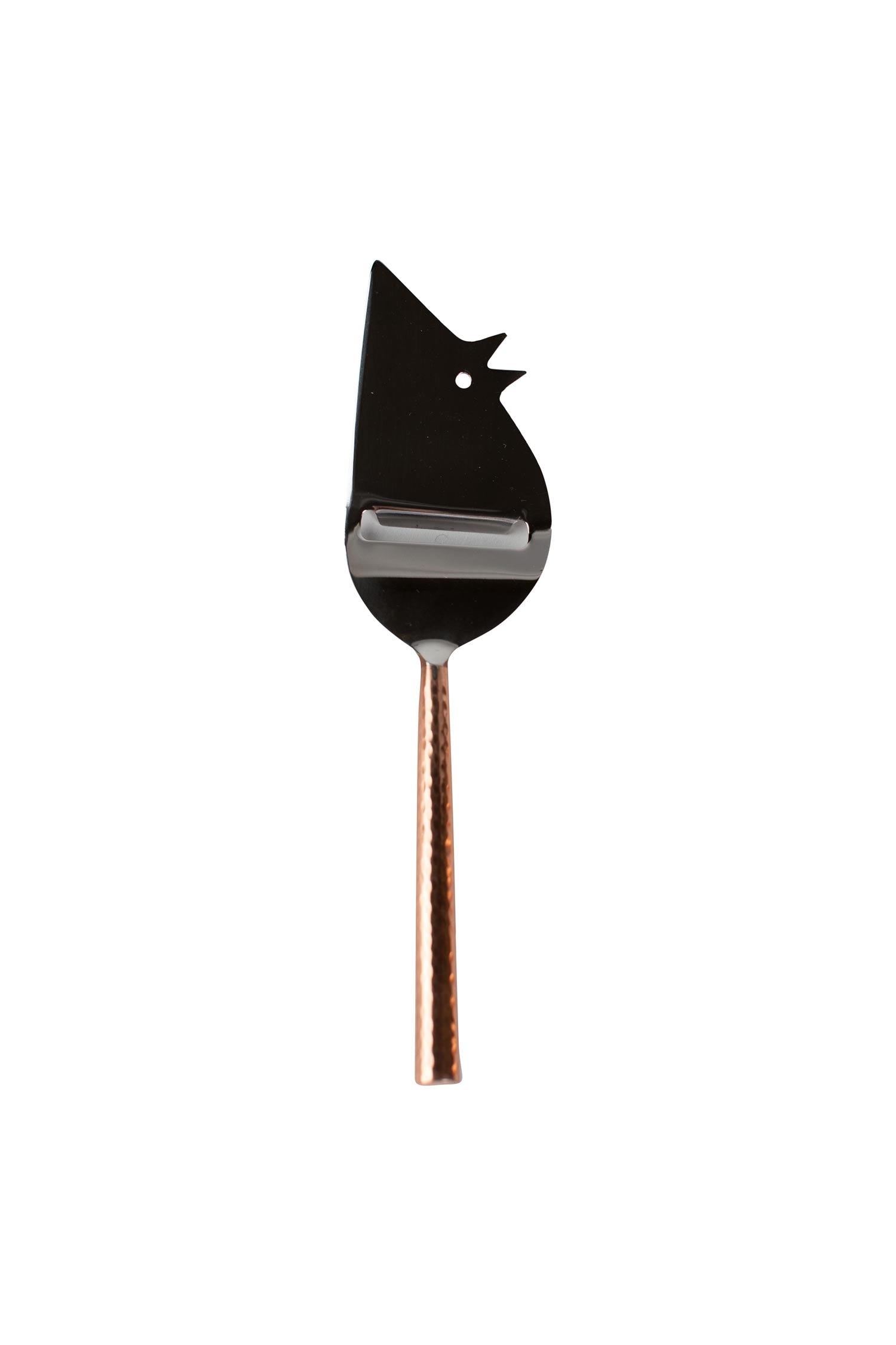 Handcrafted cheese knife with copper handle showing its stainless steel blade and elegant design.