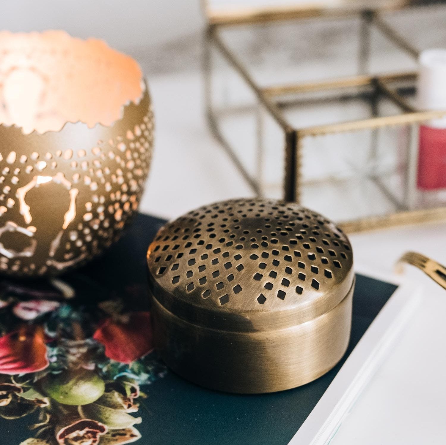 Brass Elegance Aromatherapy Diffuser with wool pads, showcasing its elegant design.