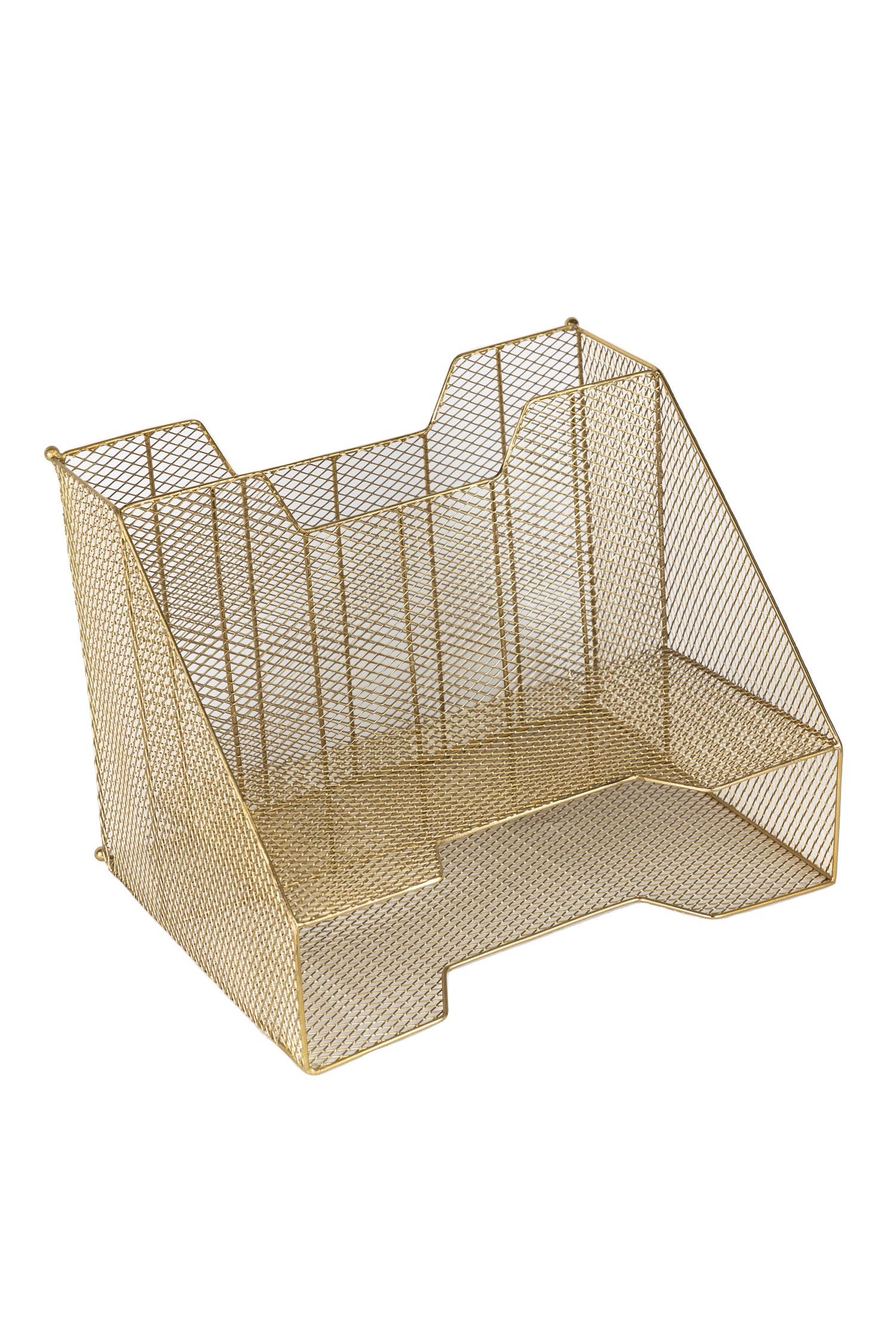 Elegant metal file holder on a modern desk, showcasing its stylish design and compartments.