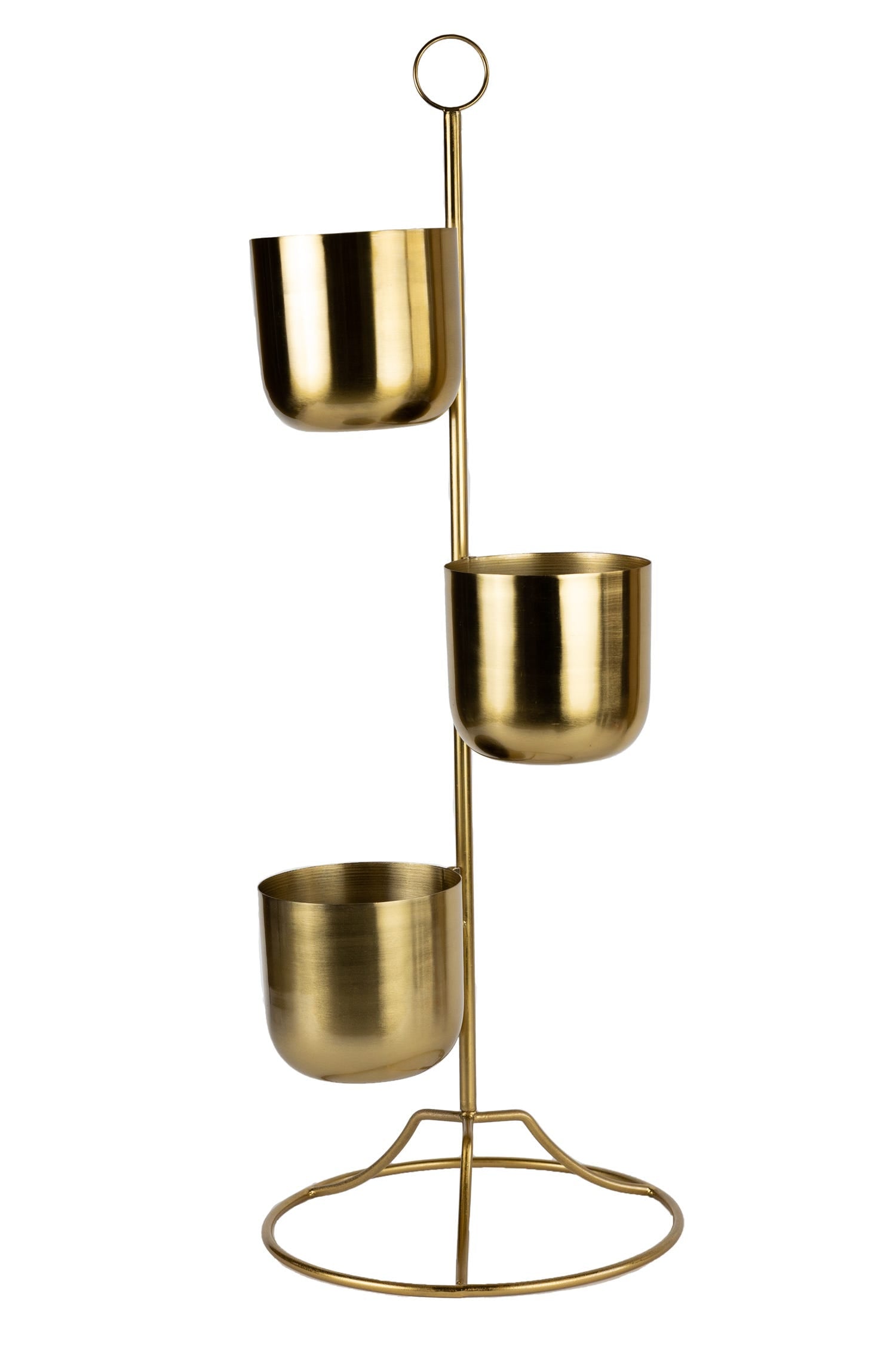 Elegant tiered brass plant stand with lush indoor plants in a bright living room.