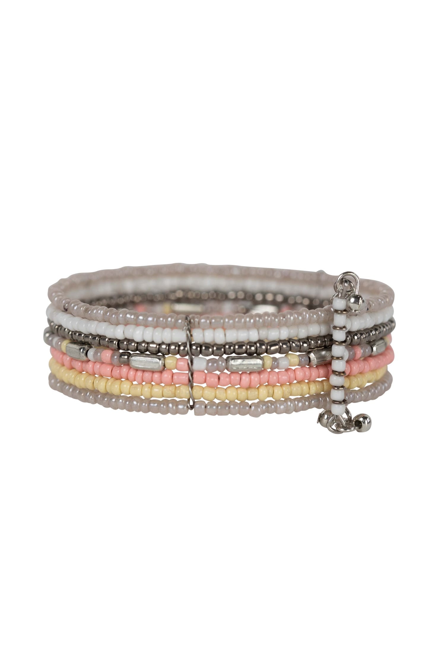 Front view of handcrafted iron and beaded cuff bracelet in warm tones for women
