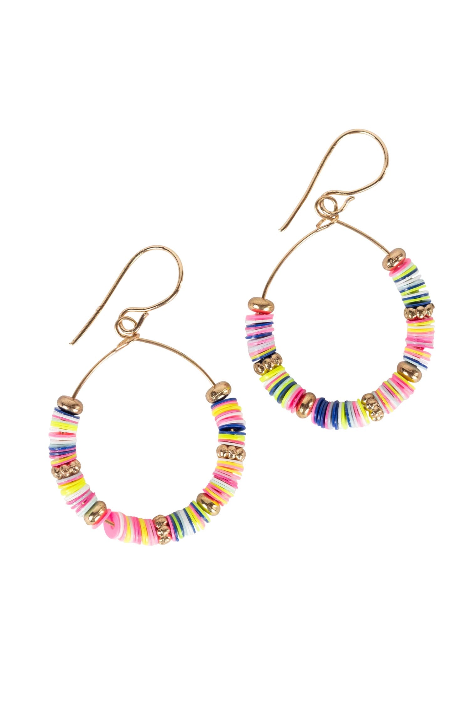 Close-up of vibrant sequin hoop earrings with gold accents