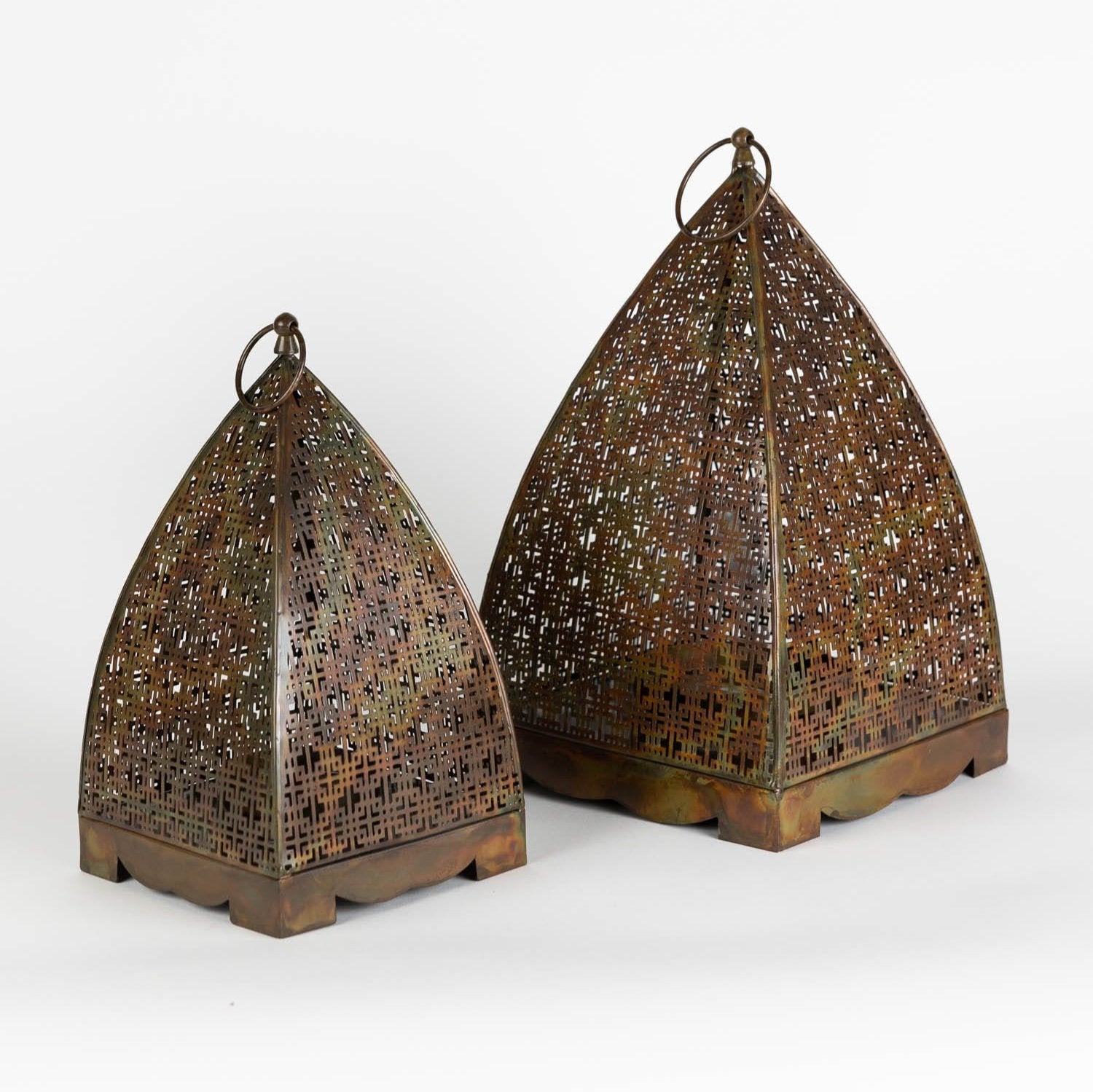 Close-up of handcrafted antique copper lantern showing detailed craftsmanship