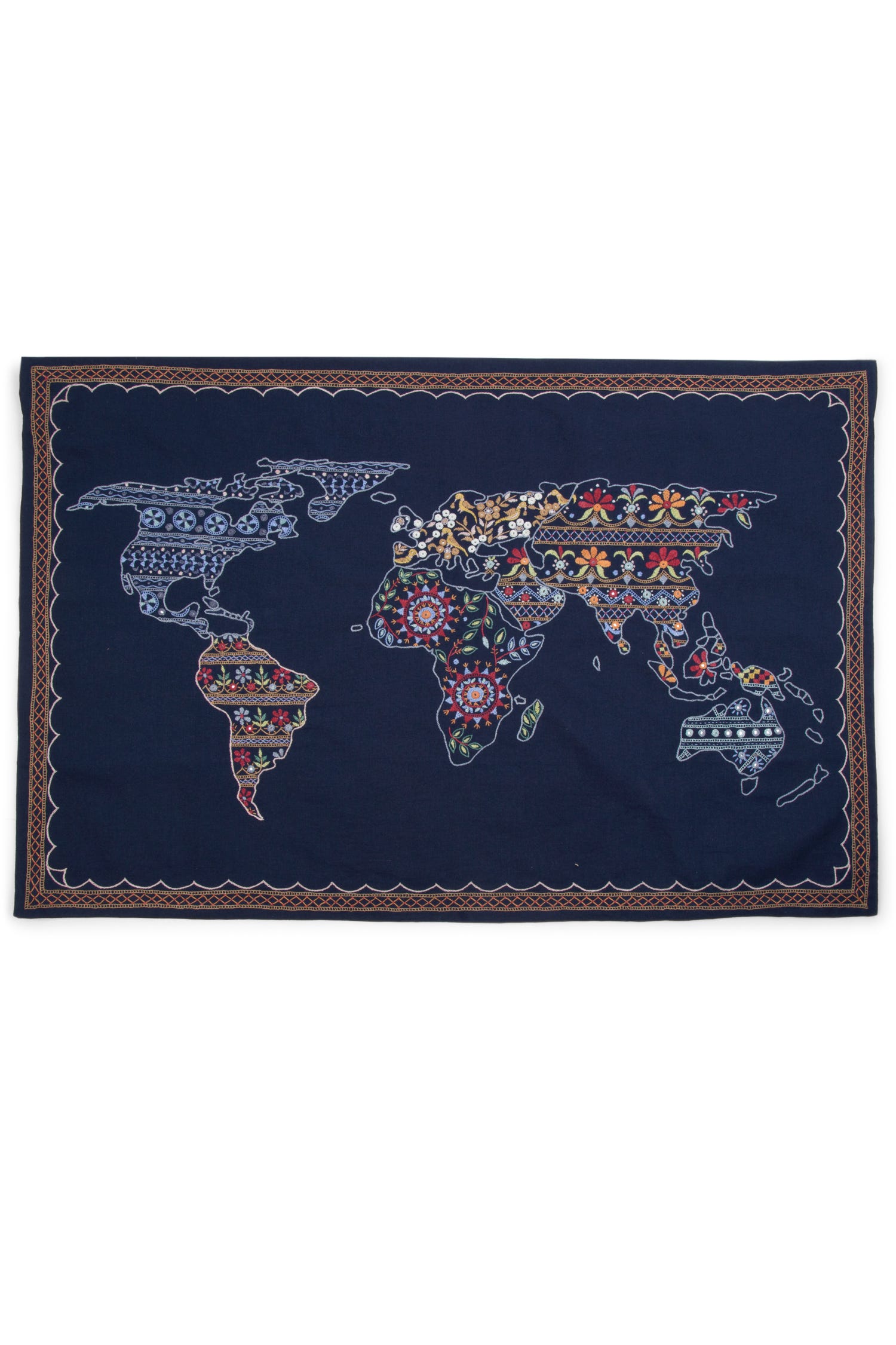 Close-up of the Wanderlust Boho Wall Hanging, highlighting the intricate embroidery and mirror details.