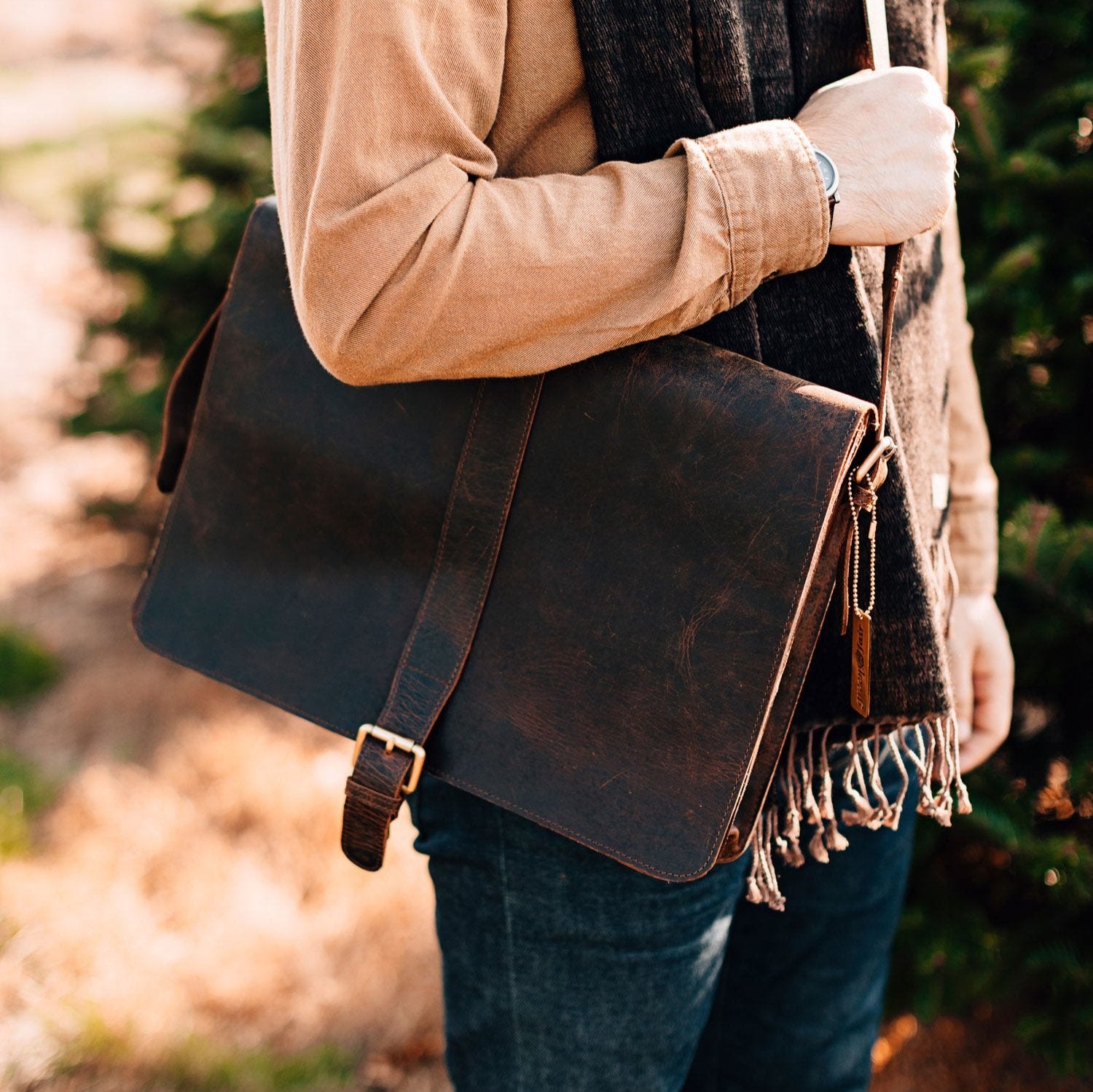 Close-up of eco leather messenger bag showing stitching and compartments