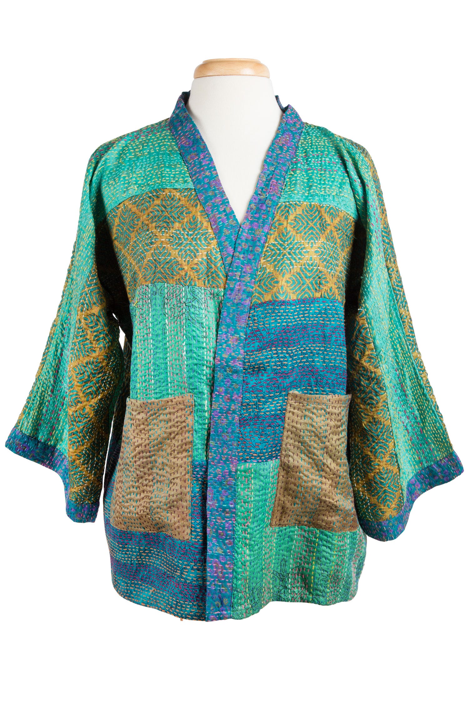 Front view of the Eco-Friendly Patchwork Sari Kimono showcasing its unique design.