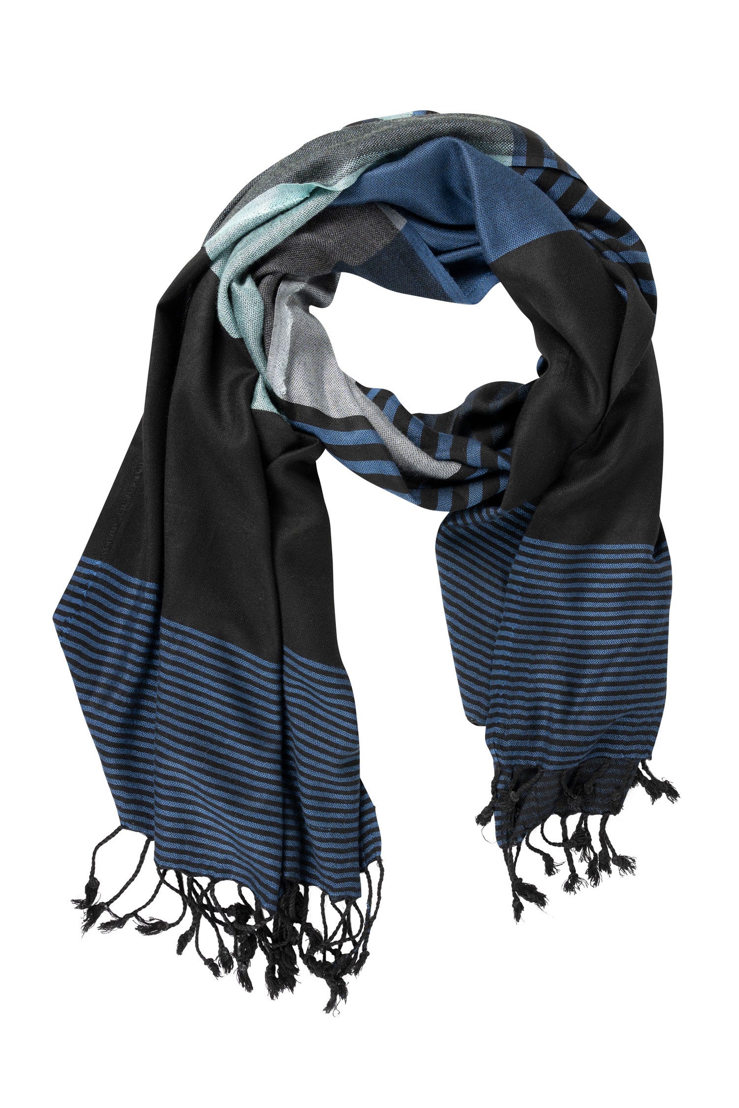 Close-up of the women's stylish blue scarf featuring intricate color patterns and fringe details.