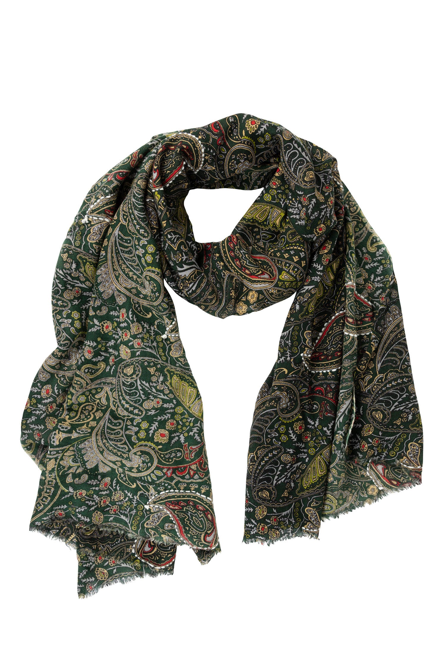 Close-up of embroidered shawl with paisley design in hunter green tones