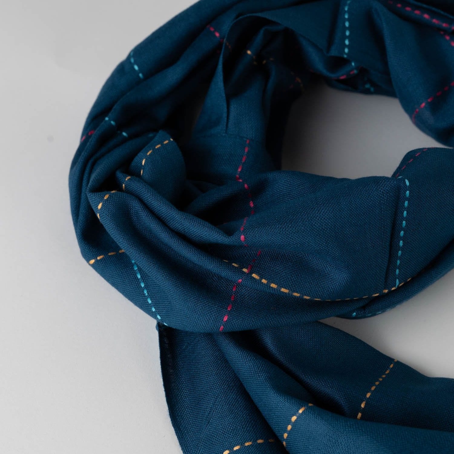 Close-up of the Deep Blue Kantha Stitch Scarf highlighting craftsmanship