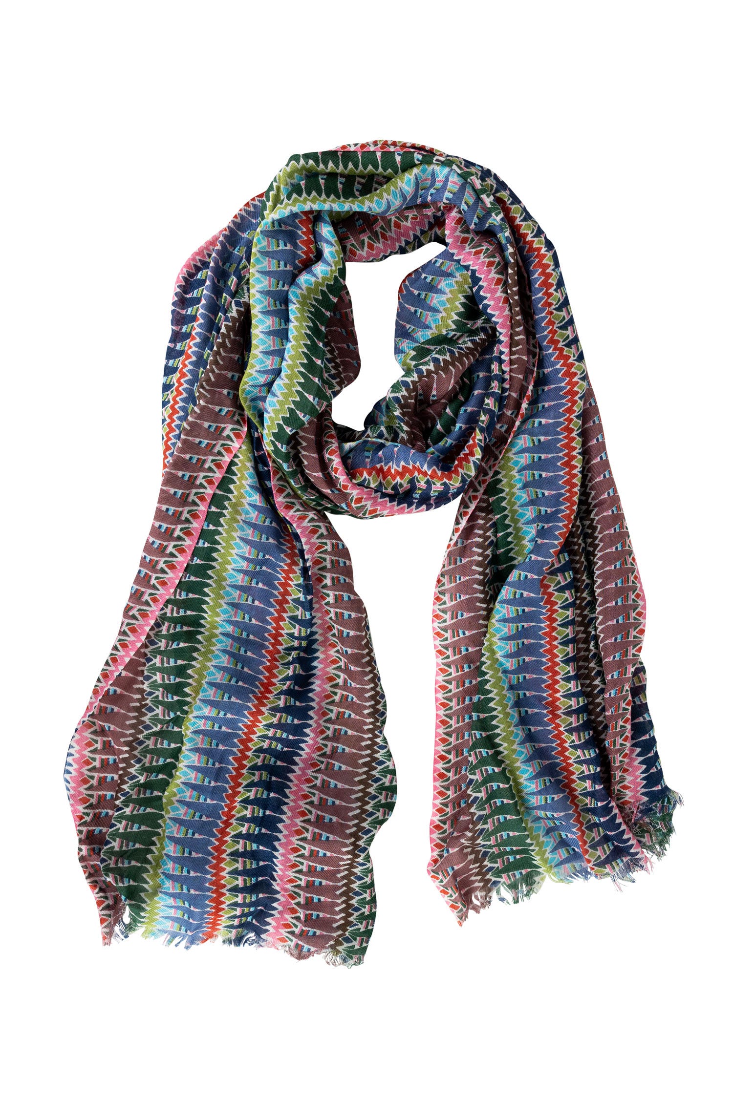 Close-up of the vibrant zig zag handmade scarf showcasing its colorful patterns and fringe detailing.