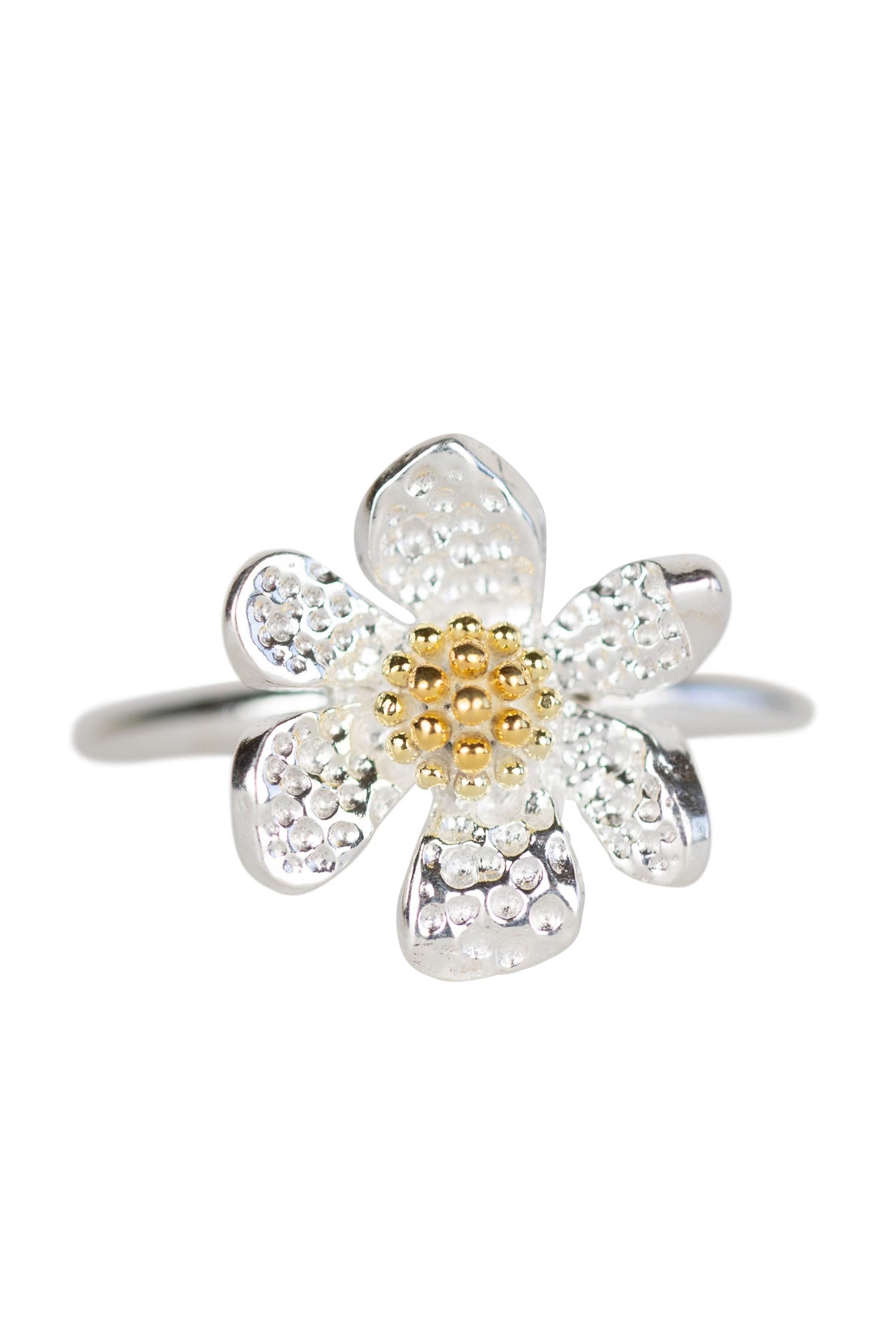 Artisan silver flower ring showing intricate six-petal design, ideal for everyday wear.