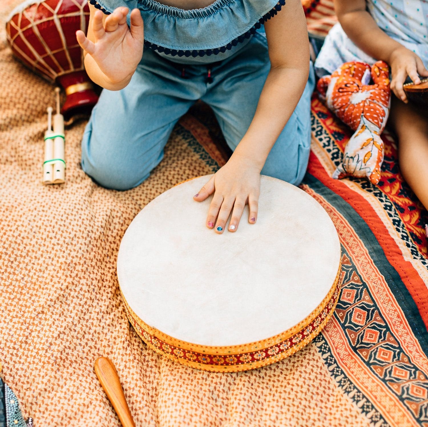 Close-up of handcrafted ocean sounds drum showing intricate design and texture for relaxation