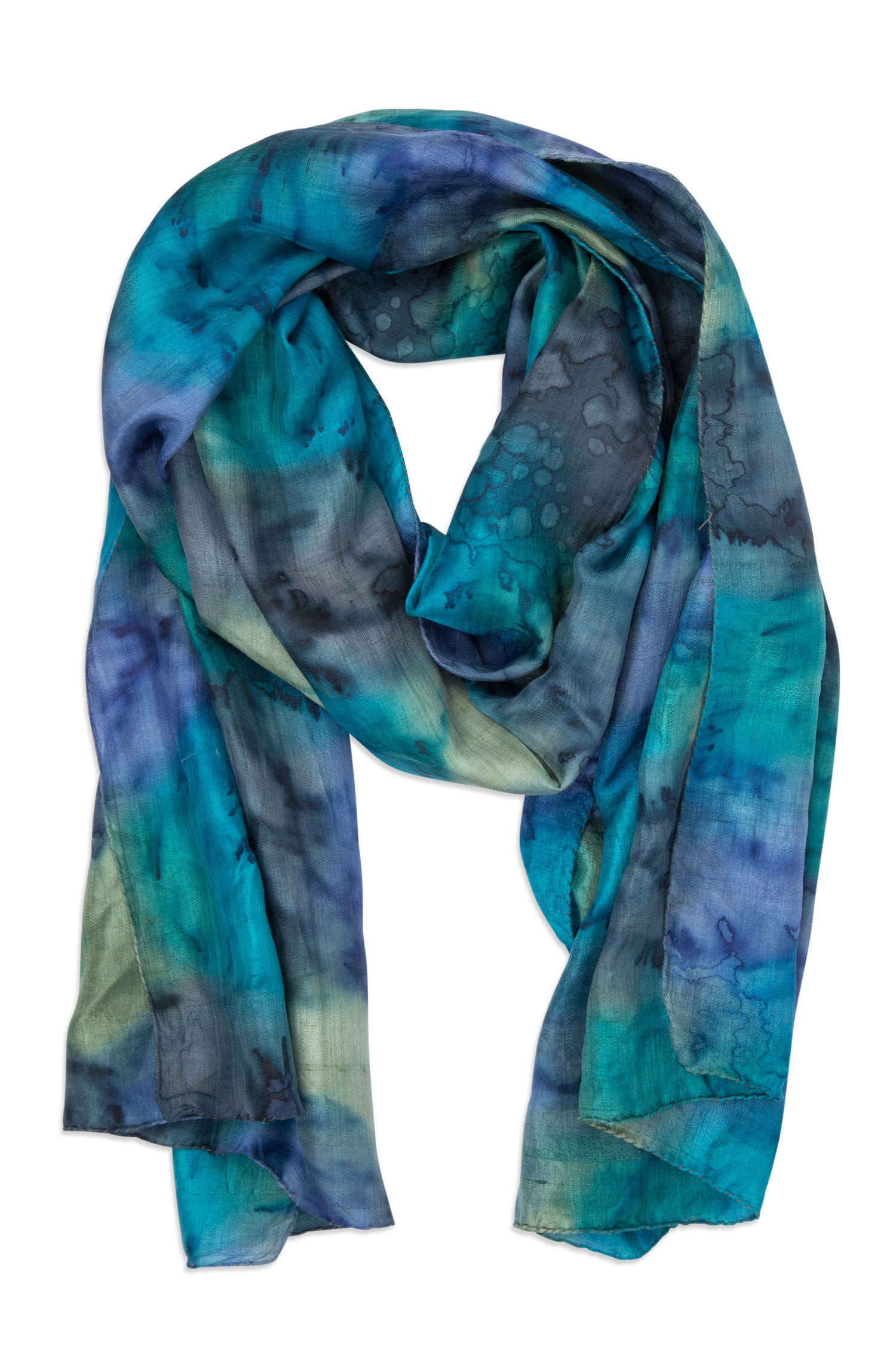 Close-up of the peacock colored silk scarf for women showing intricate waterfall-inspired brushstrokes.