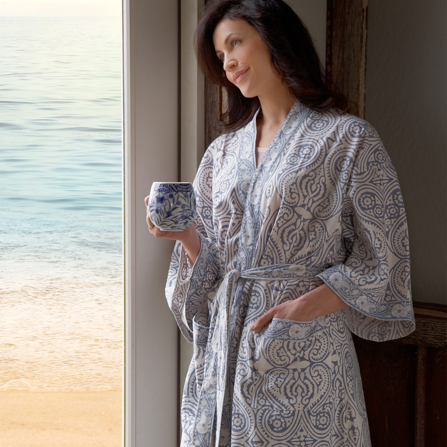 Close-up of paisley print on organic cotton robe for women